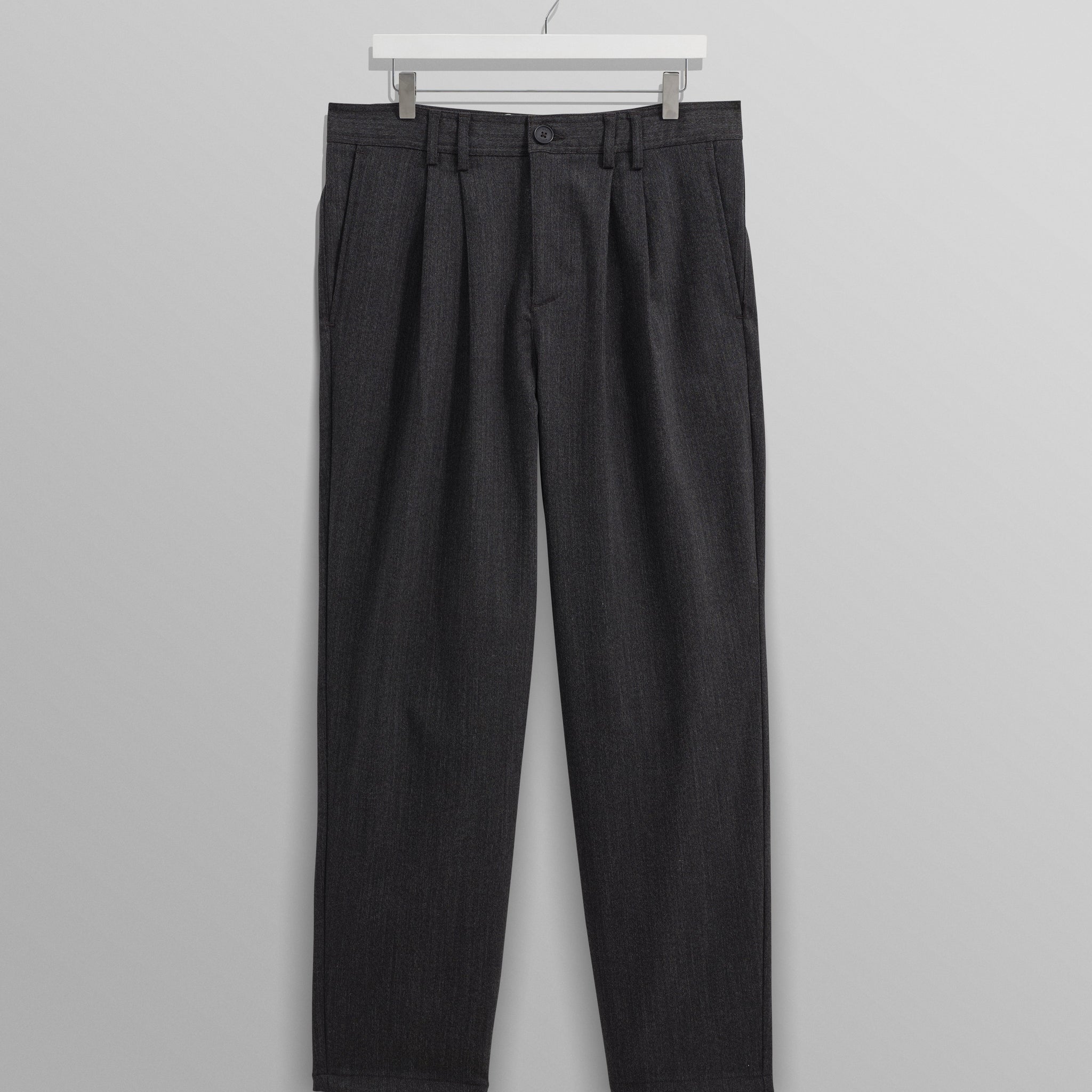 wax london men's Raleigh - Charcoal Herringbone Pleated Trousers