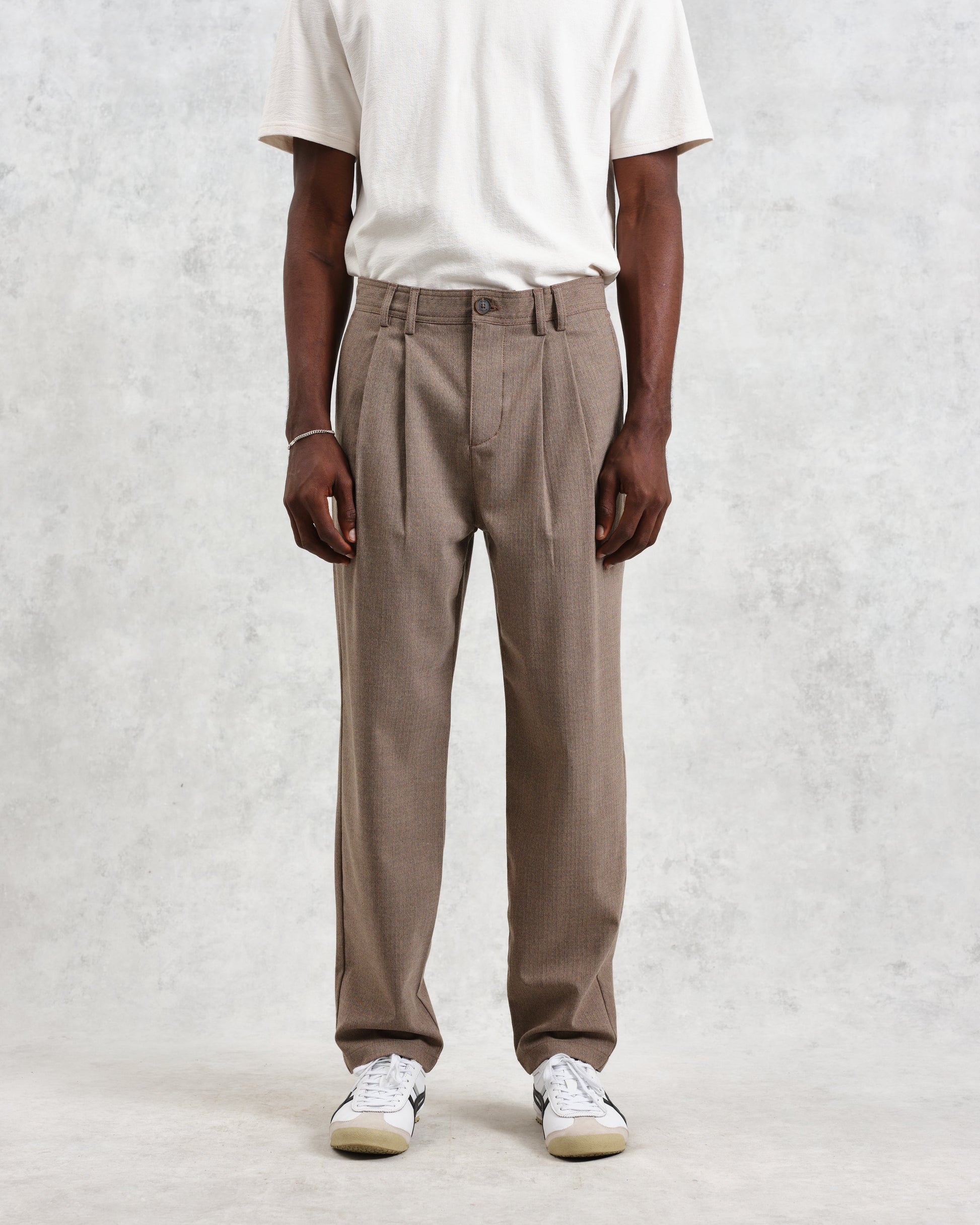 wax london men's Raleigh - Light Brown Herringbone Pleated Trousers