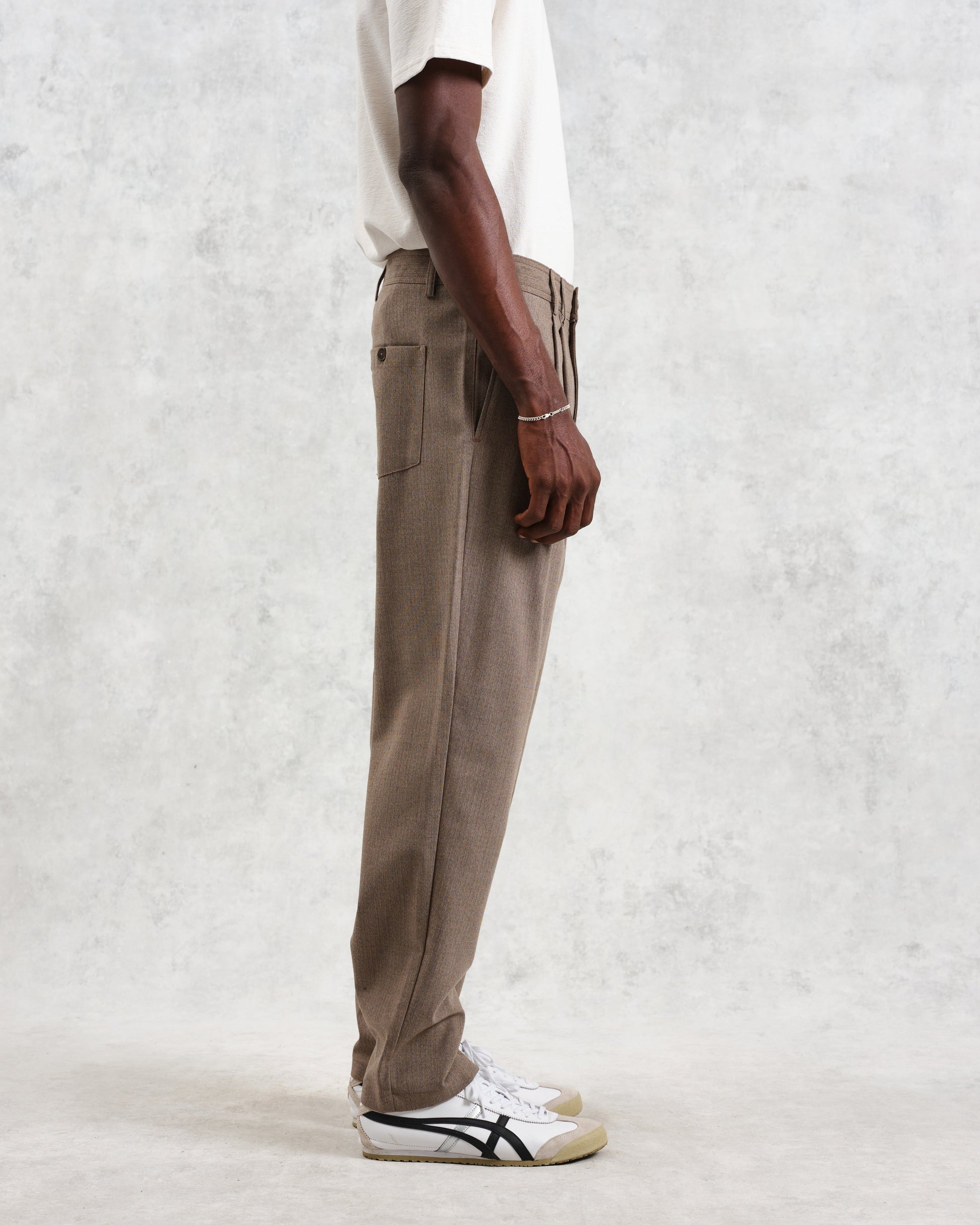 wax london men's Raleigh - Light Brown Herringbone Pleated Trousers