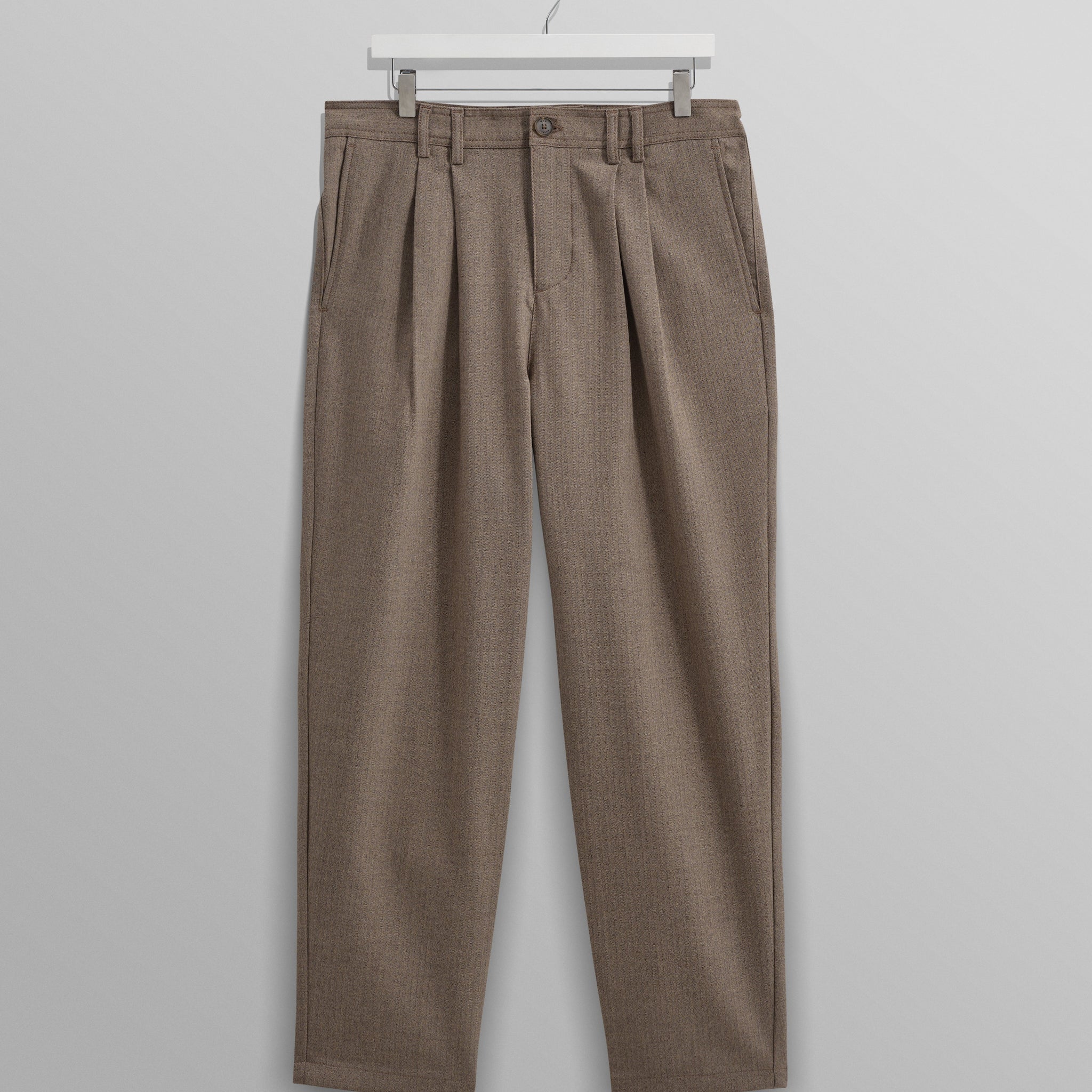 wax london men's Raleigh - Light Brown Herringbone Pleated Trousers