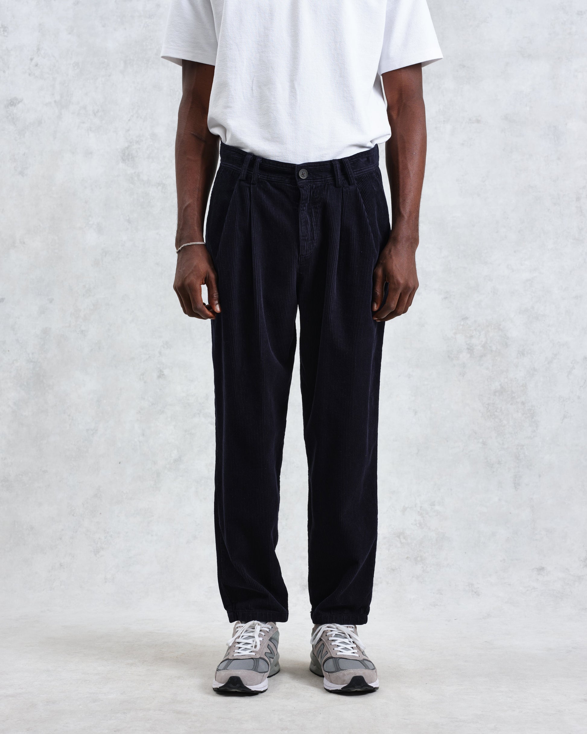 wax london men's Raleigh - Navy Corduroy Pleated Trousers