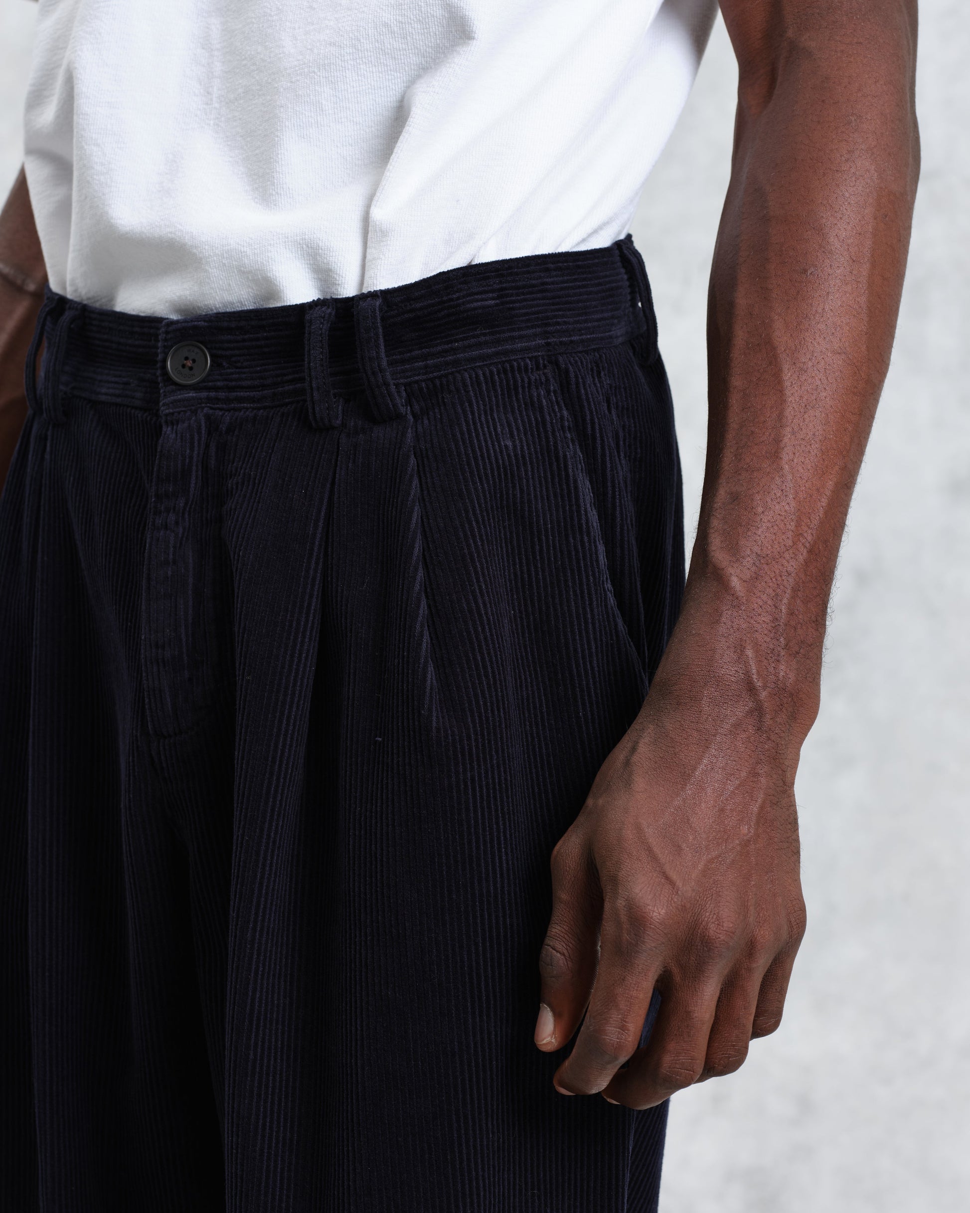 wax london men's Raleigh - Navy Corduroy Pleated Trousers