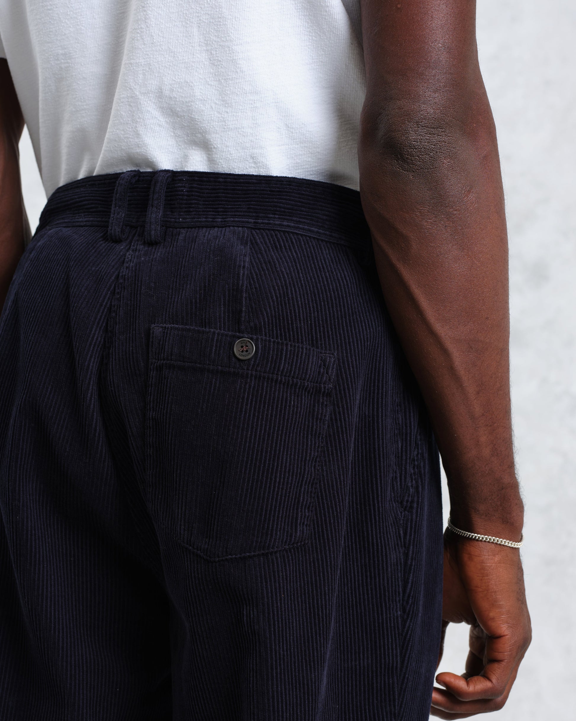 wax london men's Raleigh - Navy Corduroy Pleated Trousers