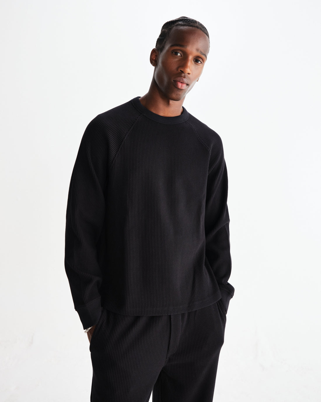 wax london men's Riley - Black Structured Waffle Crewneck Jumper