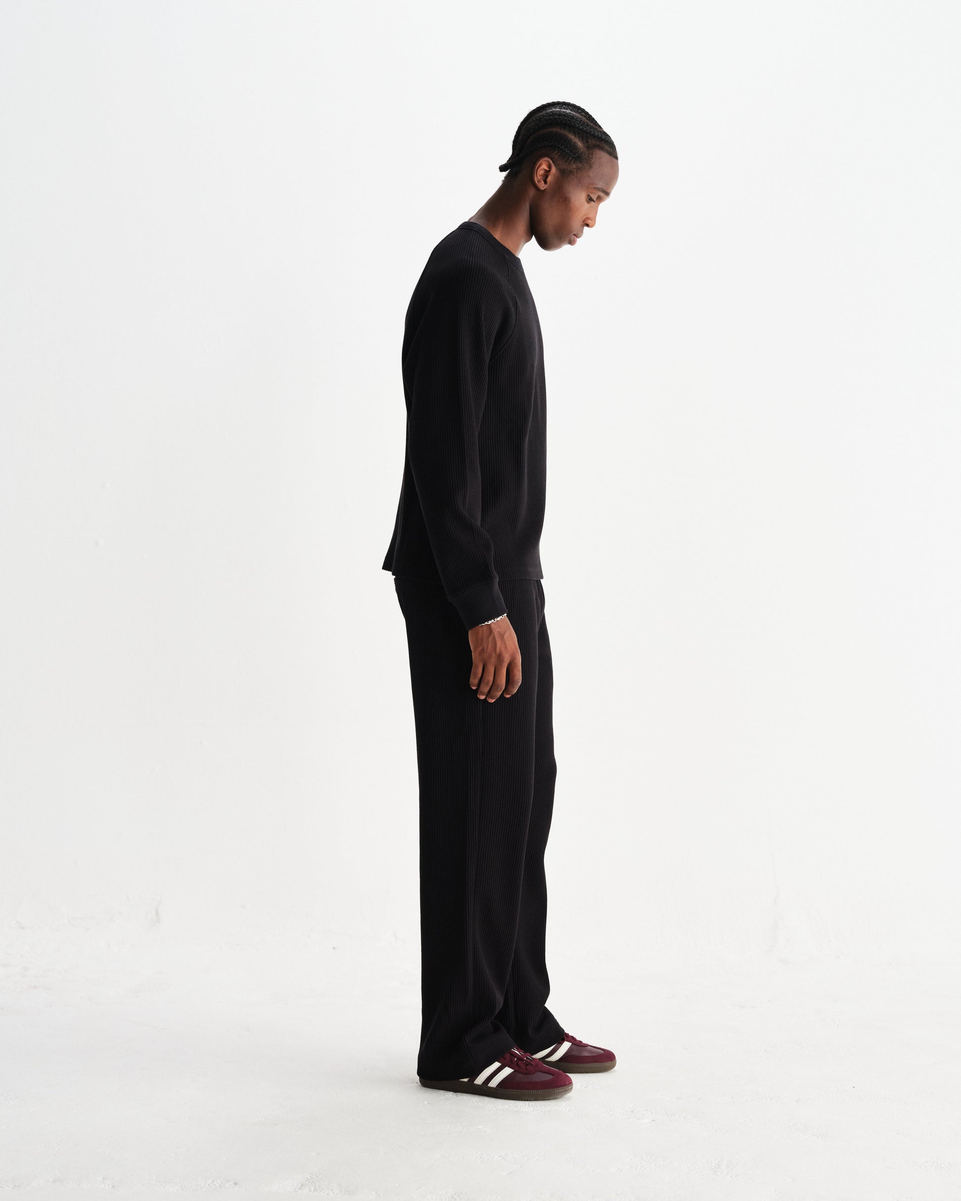 wax london men's Riley - Black Structured Waffle Crewneck Jumper