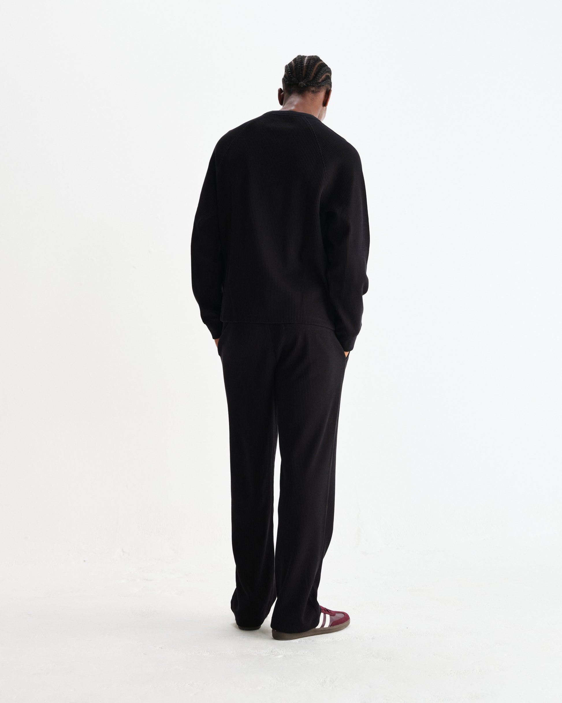 wax london men's Riley - Black Structured Waffle Crewneck Jumper