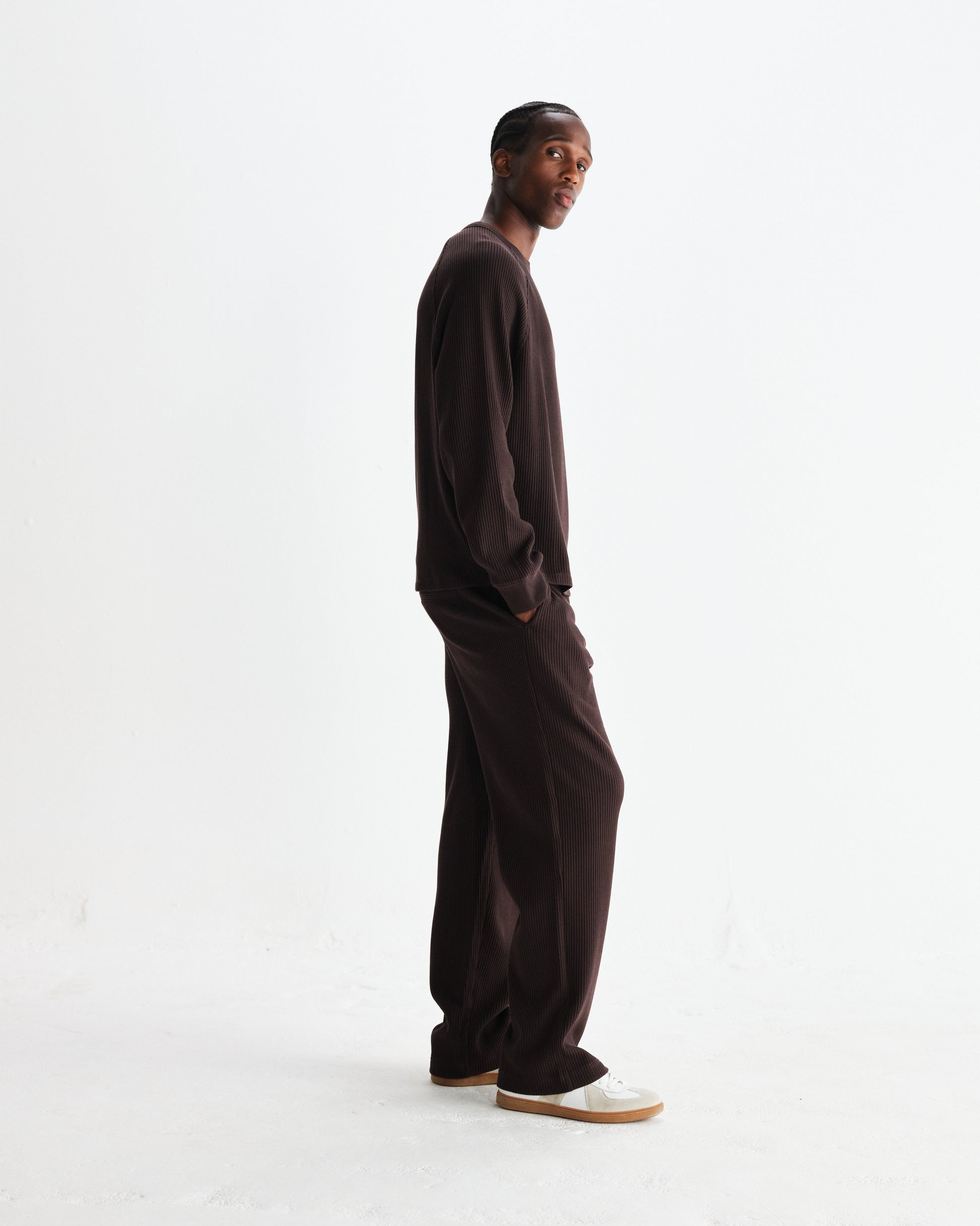 wax london men's Riley - Dark Brown Structured Waffle Crewneck Jumper