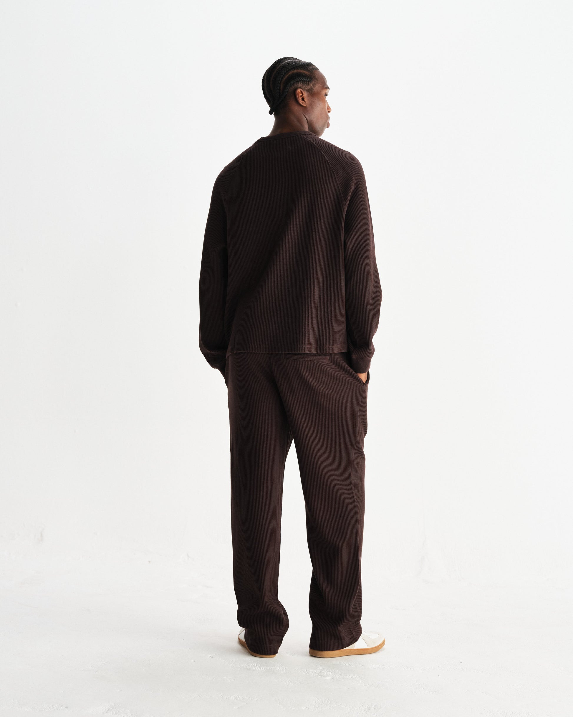 wax london men's Riley - Dark Brown Structured Waffle Crewneck Jumper