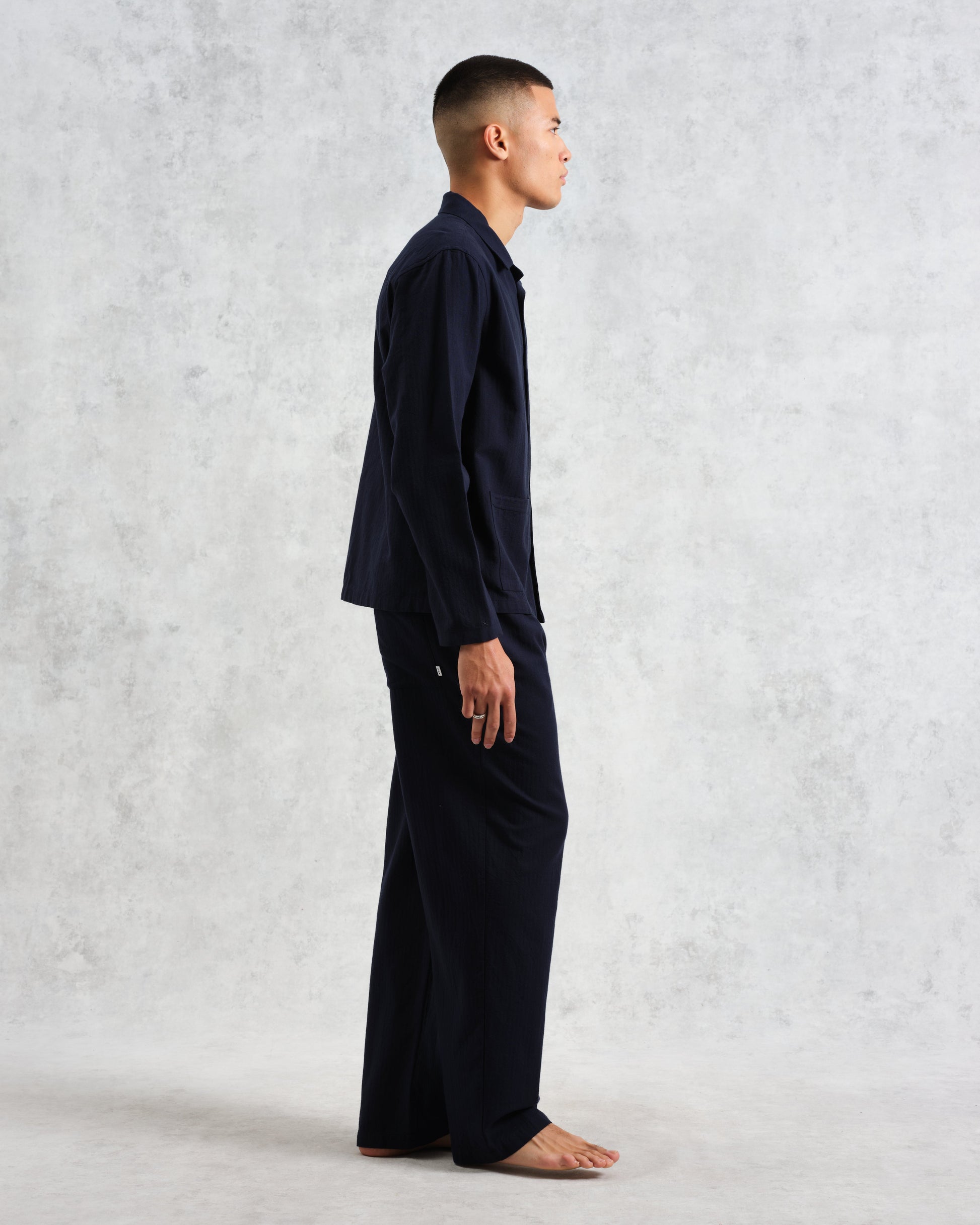 wax london men's Ripley - Navy Brushed Herringbone Lounge Shirt