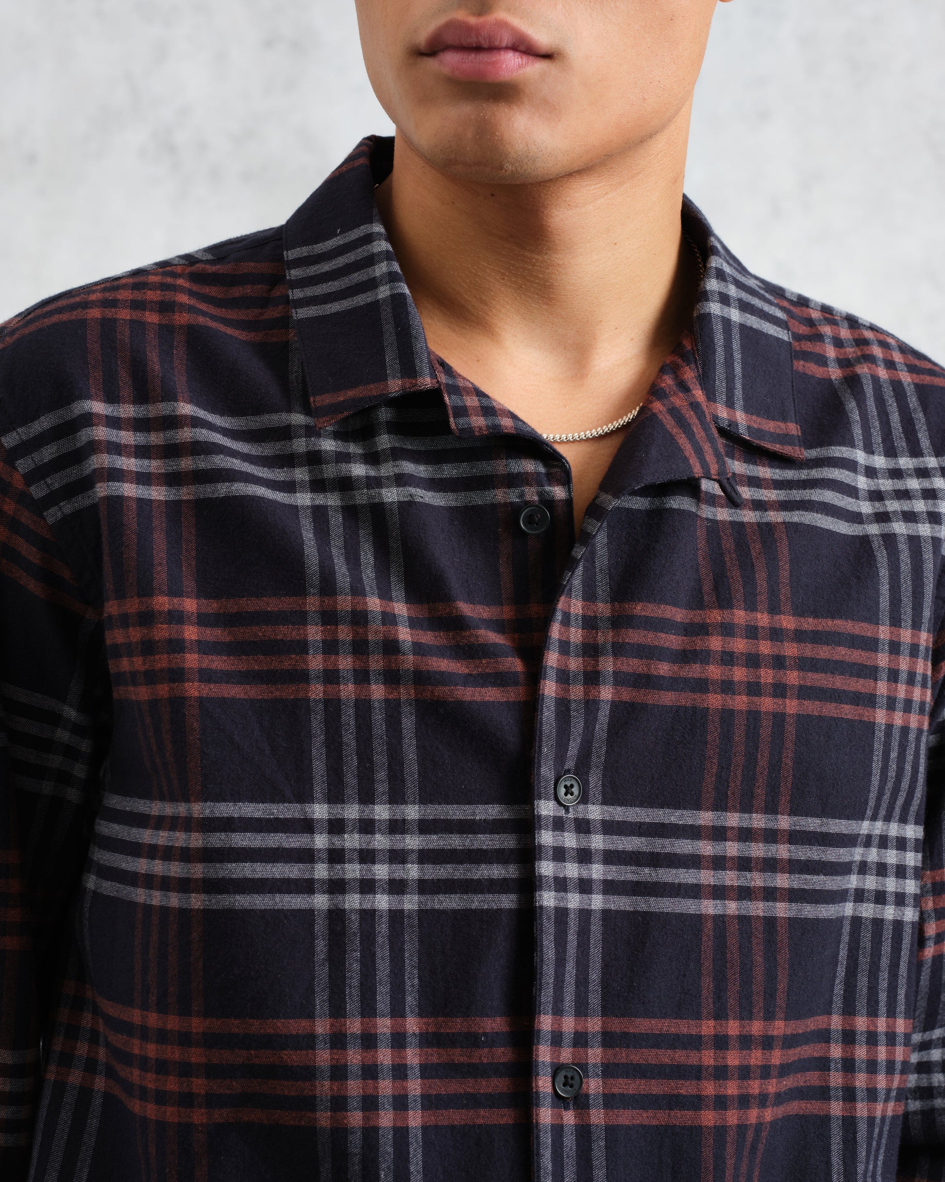 wax london men's Ripley - Navy And Orange Check Flannel Lounge Shirt