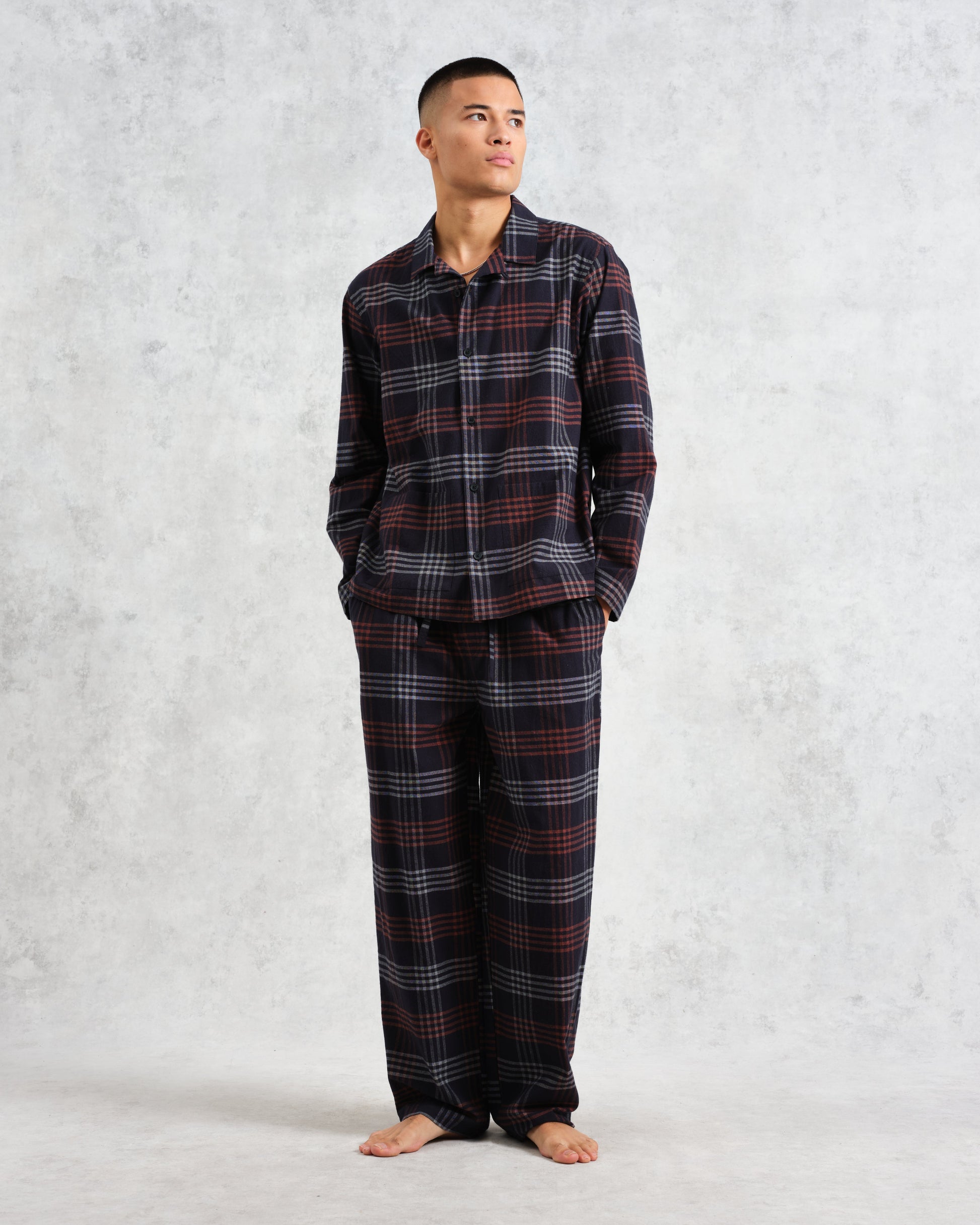 wax london men's Ripley - Navy And Orange Check Flannel Lounge Shirt