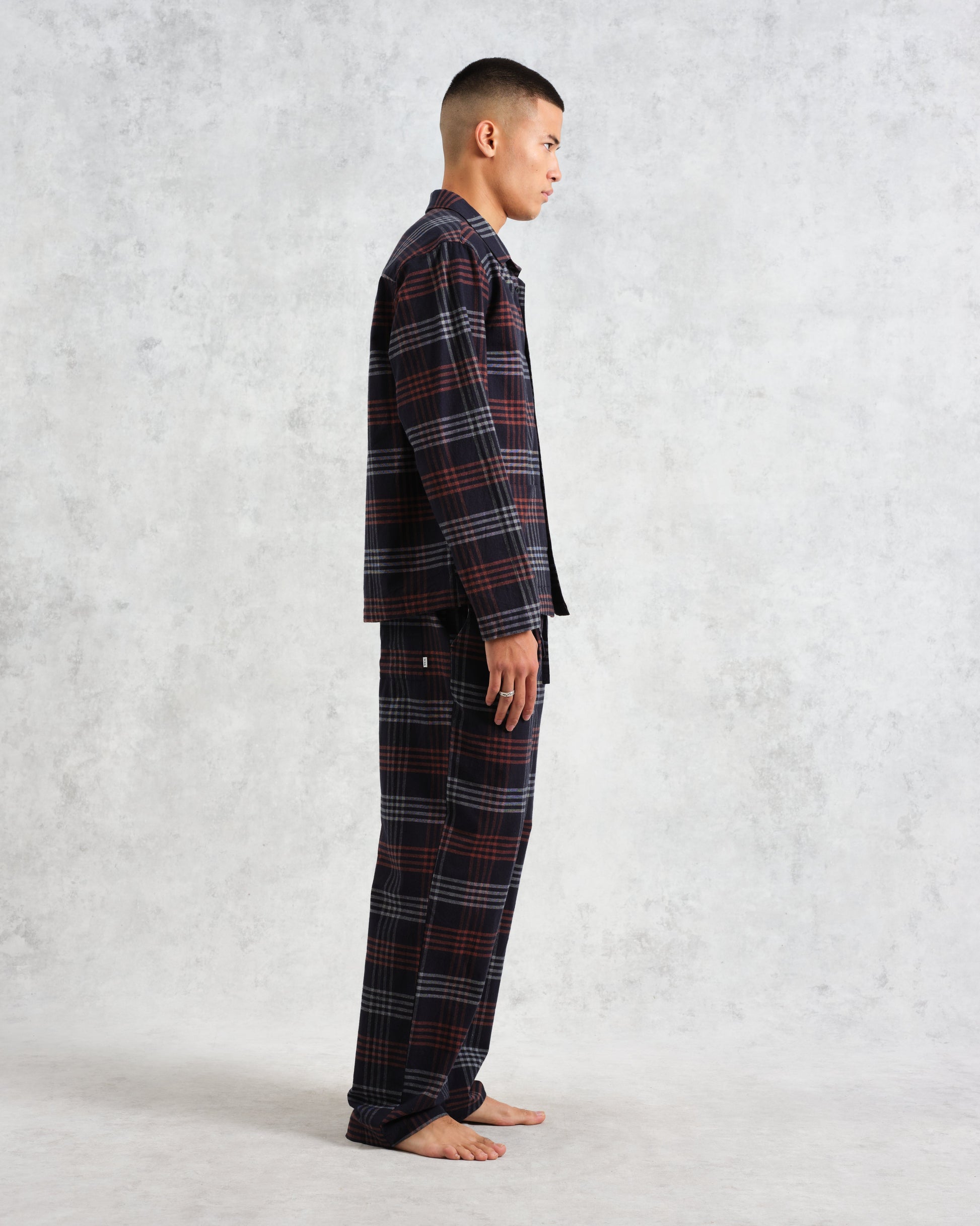 wax london men's Ripley - Navy And Orange Check Flannel Lounge Shirt