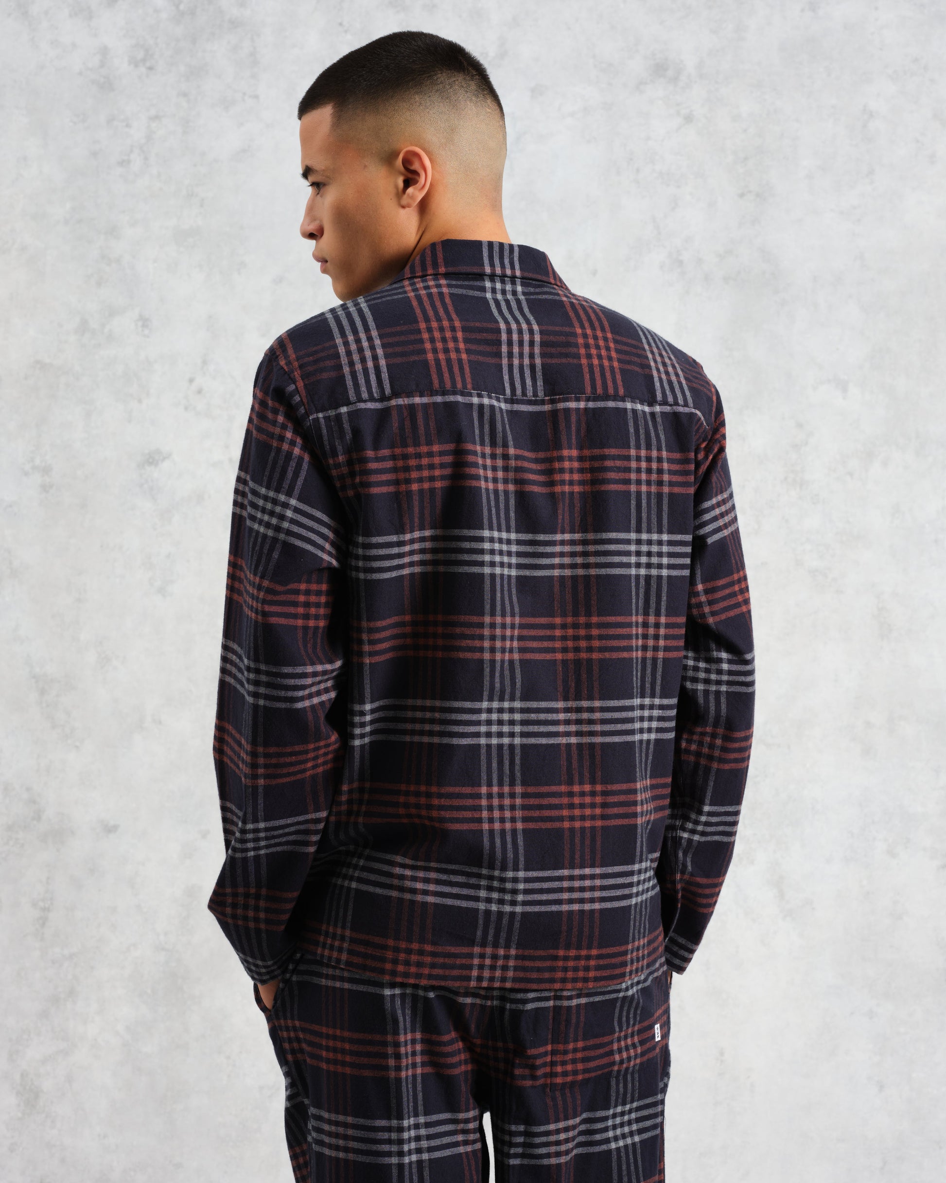 wax london men's Ripley - Navy And Orange Check Flannel Lounge Shirt