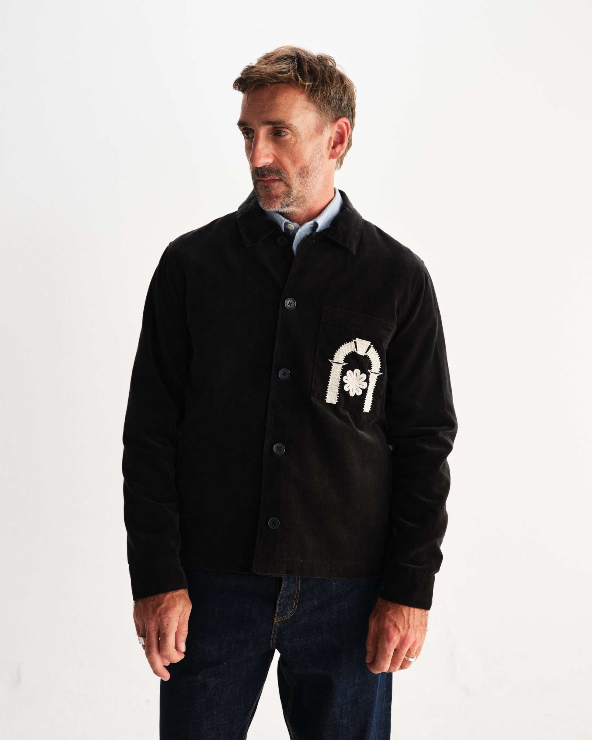 wax london men's Rockley - Black And Ecru Applique Velvet Overshirt