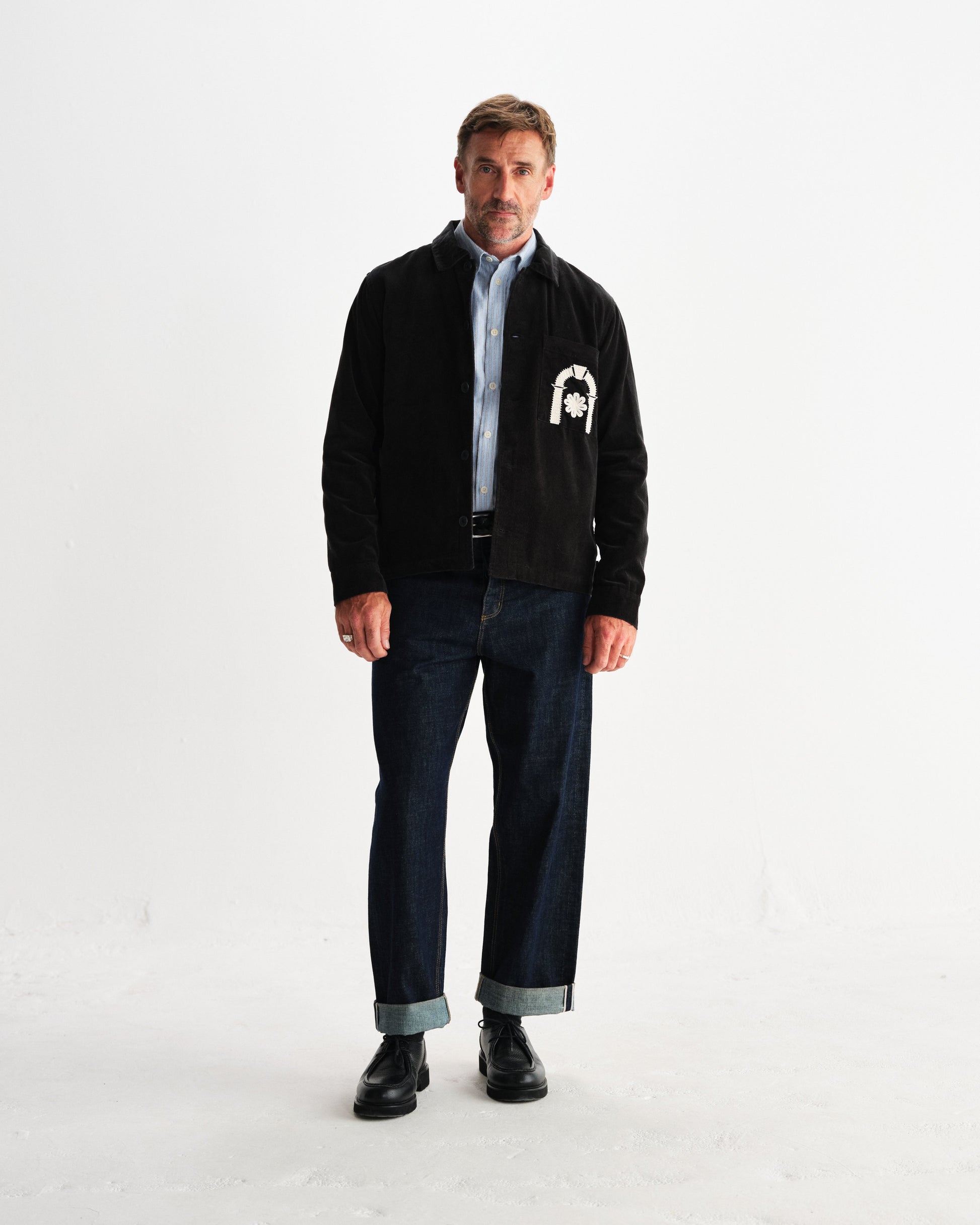 wax london men's Rockley - Black And Ecru Applique Velvet Overshirt