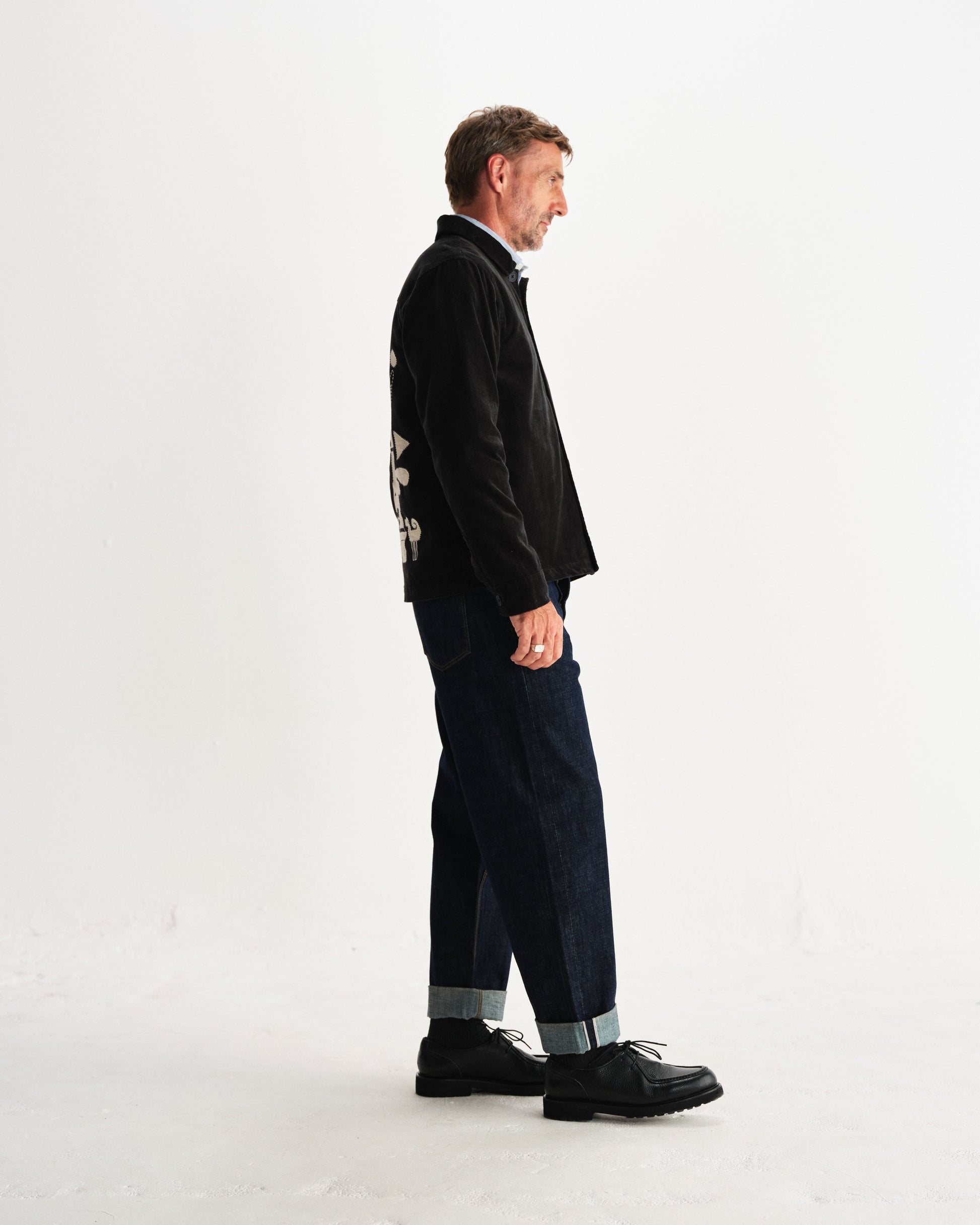 wax london men's Rockley - Black And Ecru Applique Velvet Overshirt