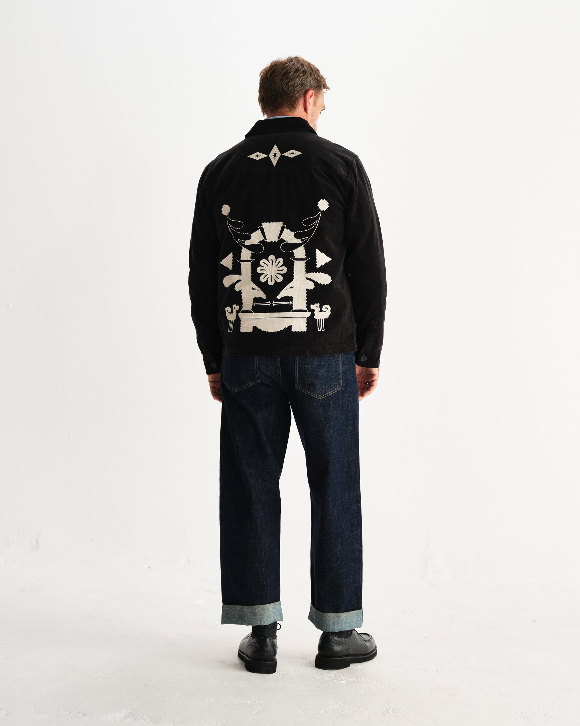 wax london men's Rockley - Black And Ecru Applique Velvet Overshirt