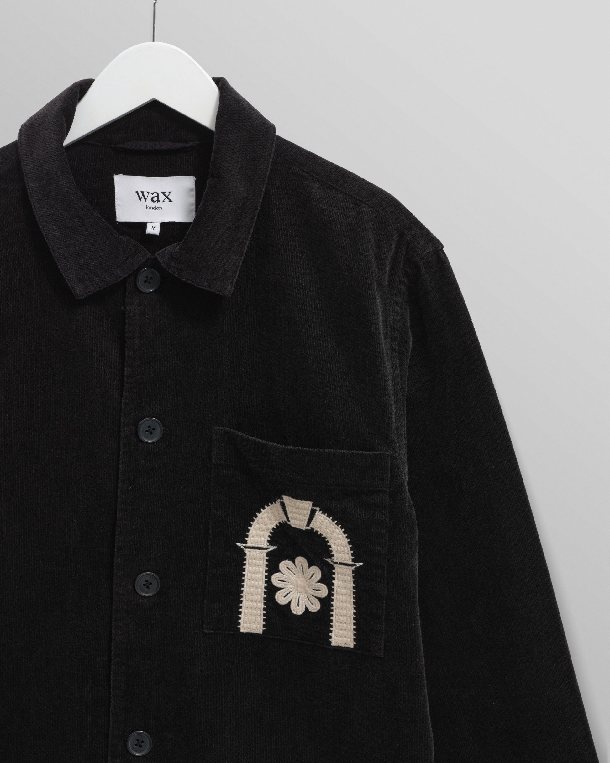 wax london men's Rockley - Black And Ecru Applique Velvet Overshirt