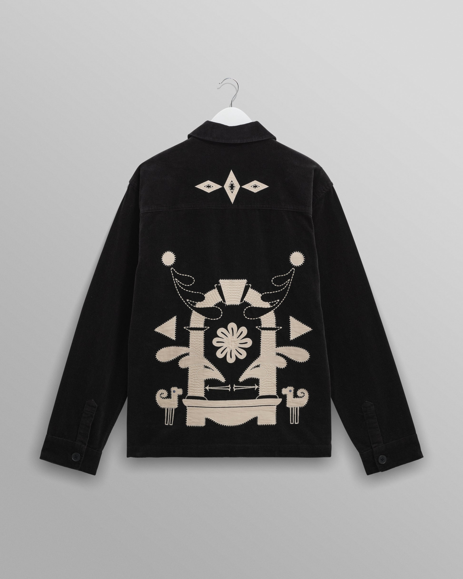 wax london men's Rockley - Black And Ecru Applique Velvet Overshirt