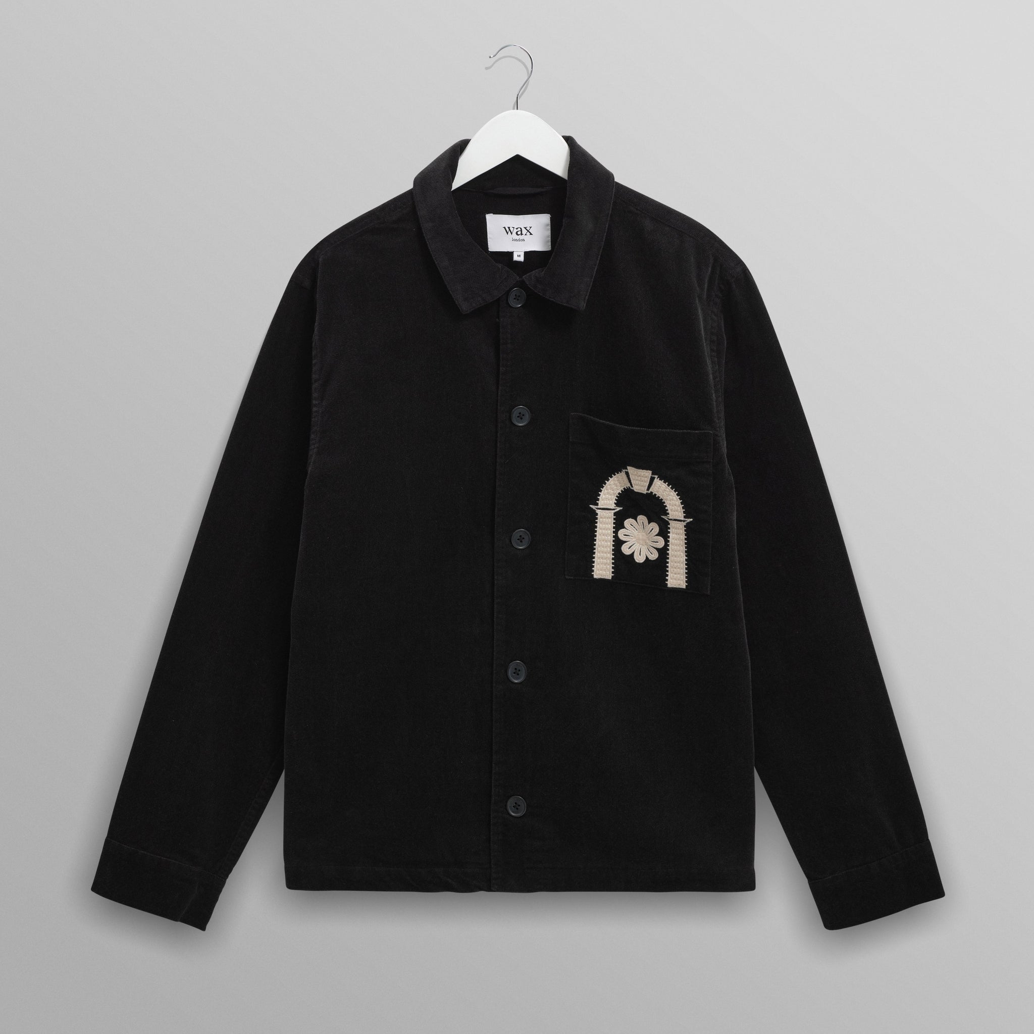 wax london men's Rockley - Black And Ecru Applique Velvet Overshirt