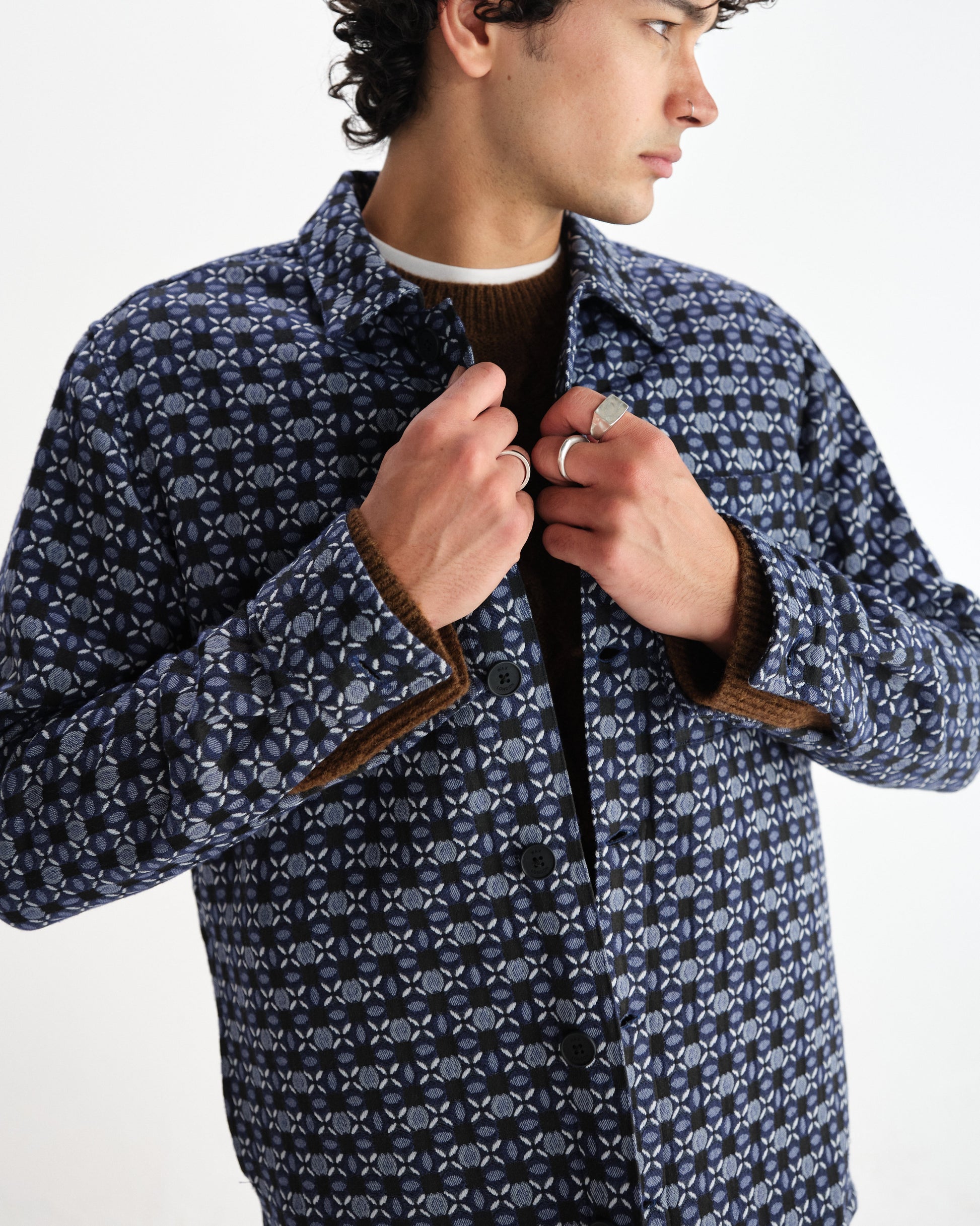 wax london men's Rockley - Navy Geometric Jacquard Overshirt