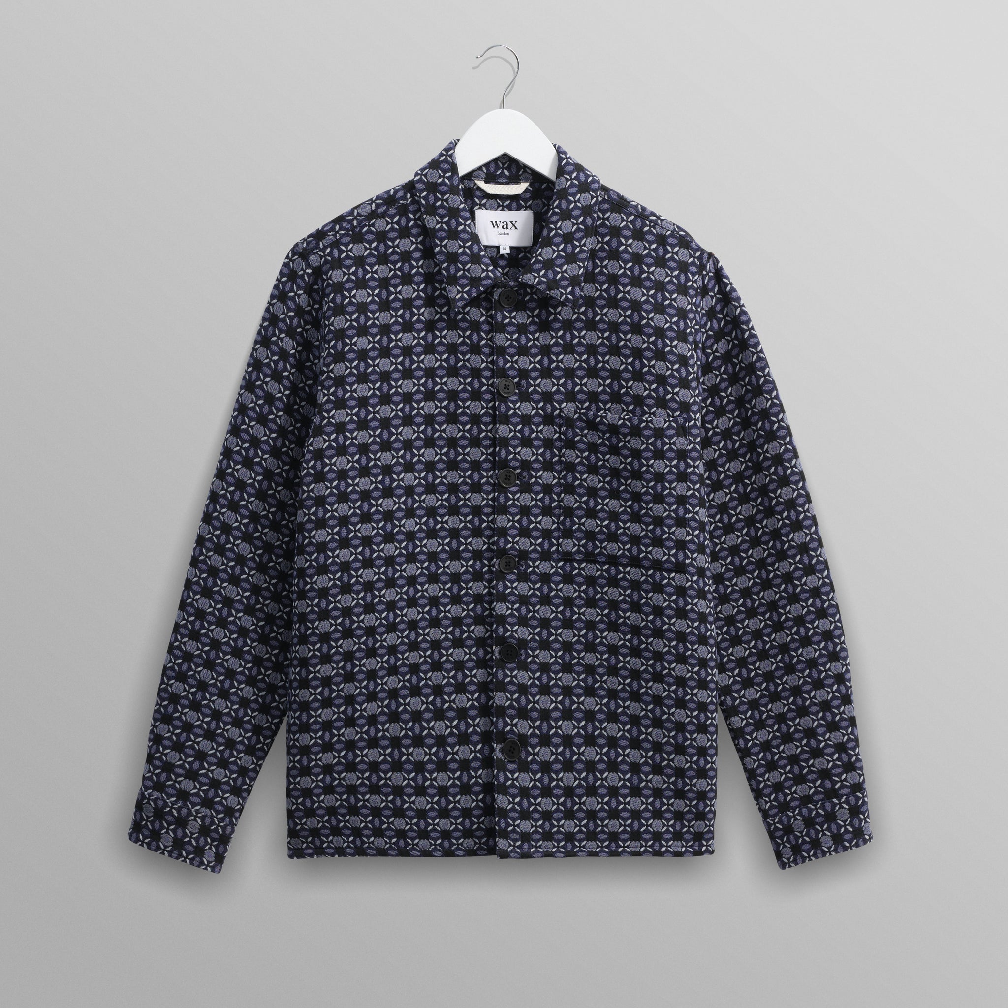 wax london men's Rockley - Navy Geometric Jacquard Overshirt