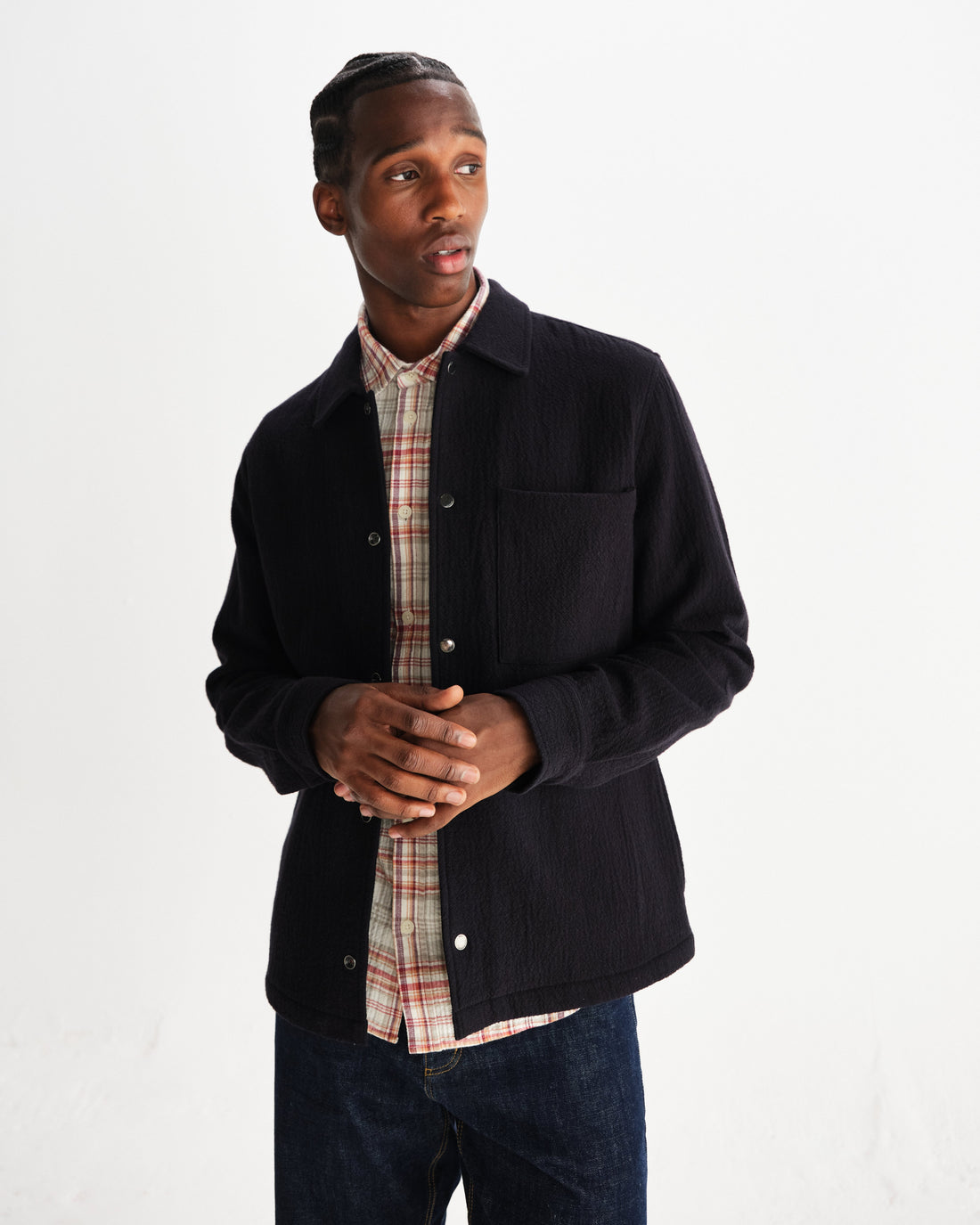 wax london men's Romer - Black Heavy Crinkle Cotton Overshirt