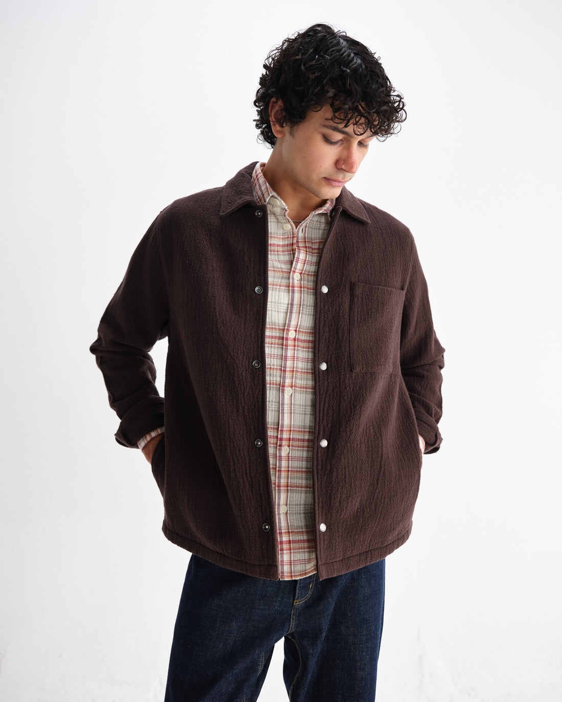 wax london men's Romer - Dark Brown Heavy Crinkle Cotton Overshirt