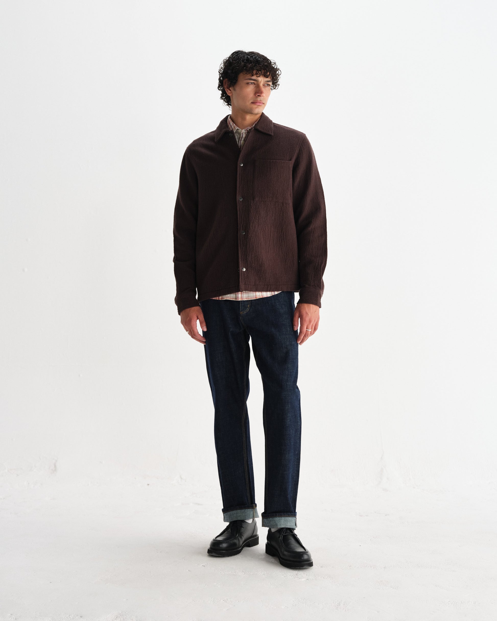 wax london men's Romer - Dark Brown Heavy Crinkle Cotton Overshirt