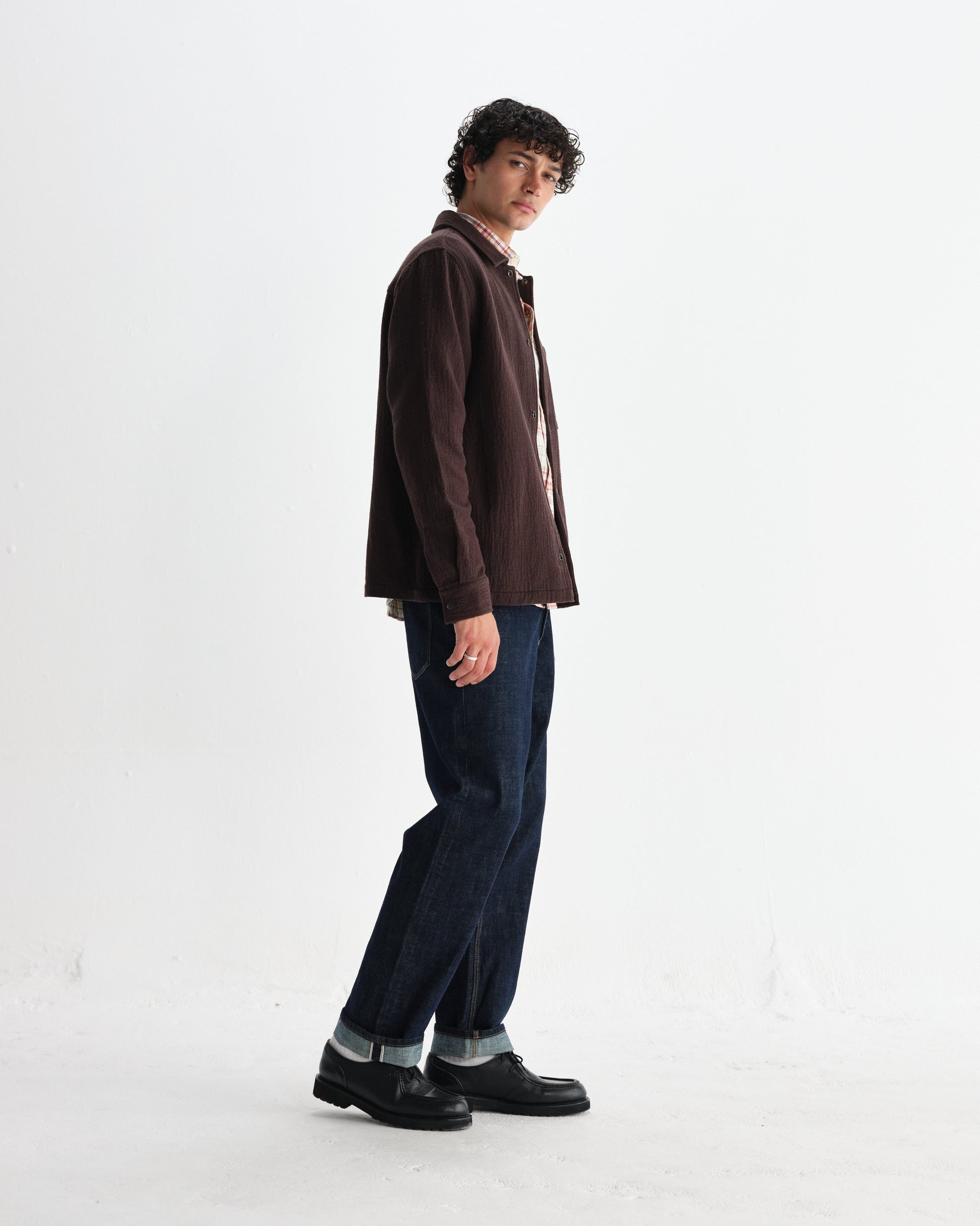 wax london men's Romer - Dark Brown Heavy Crinkle Cotton Overshirt