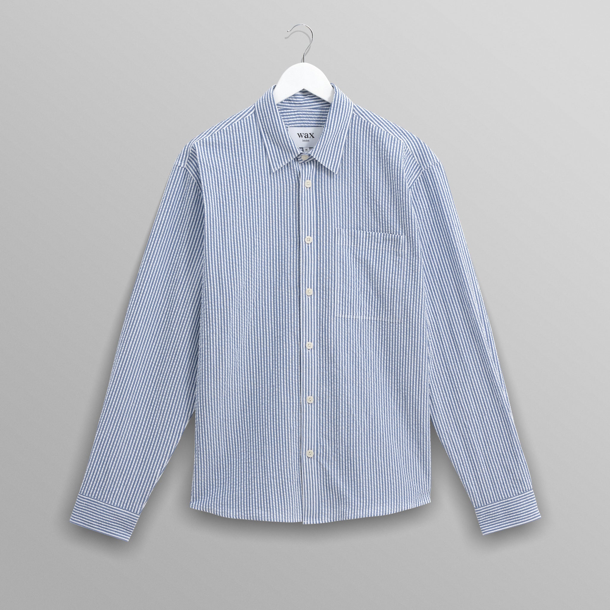 wax london men's Rove - Blue Striped Cotton Seersucker Shirt