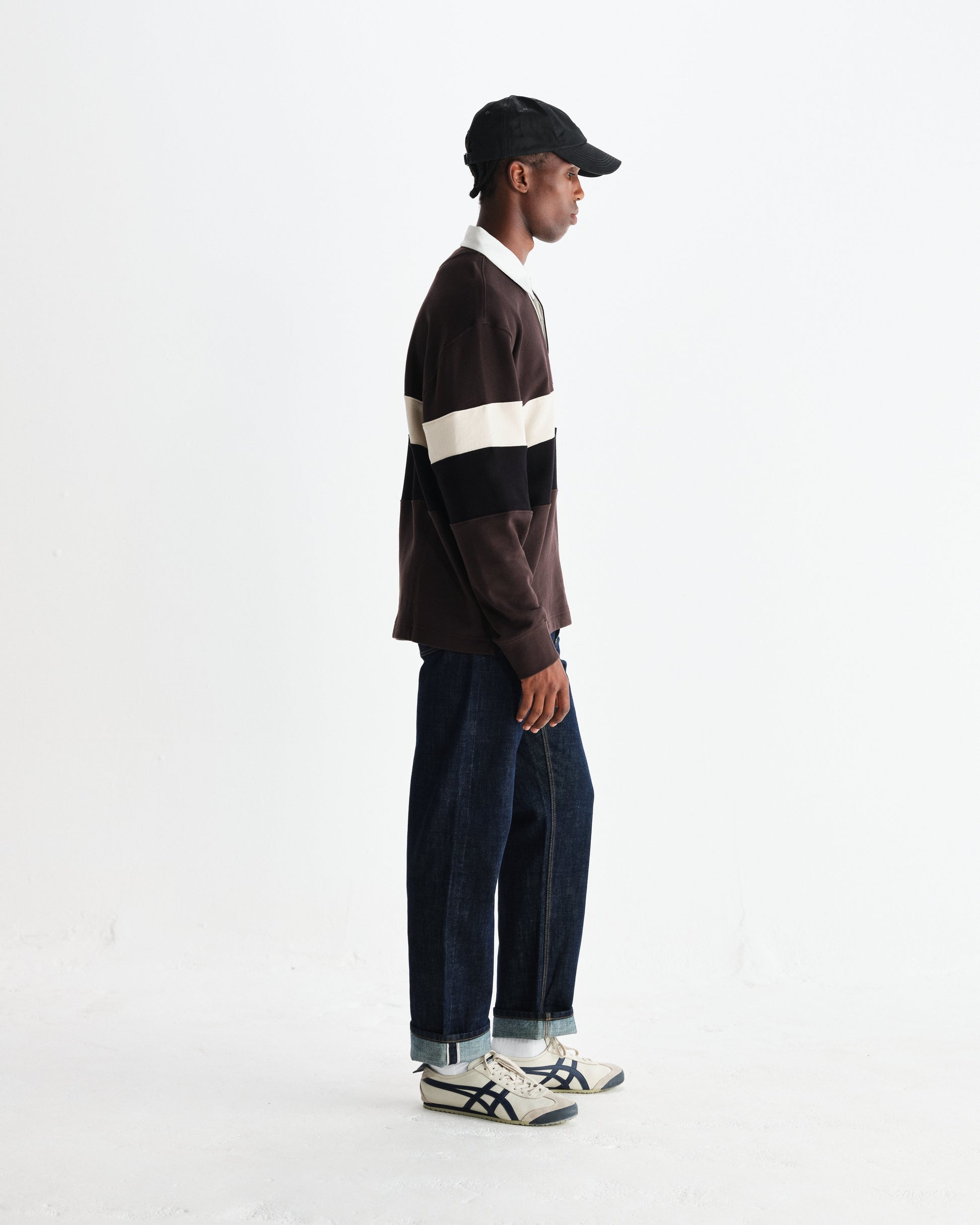 wax london men's Rowhill - Brown And Black Panelled Loopback Rugby Shirt