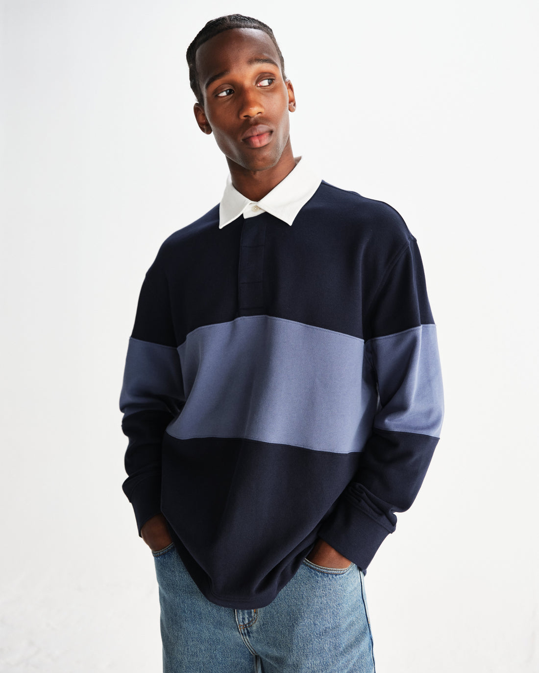 wax london men's Rowhill - Navy And Blue Panelled Loopback Rugby Shirt
