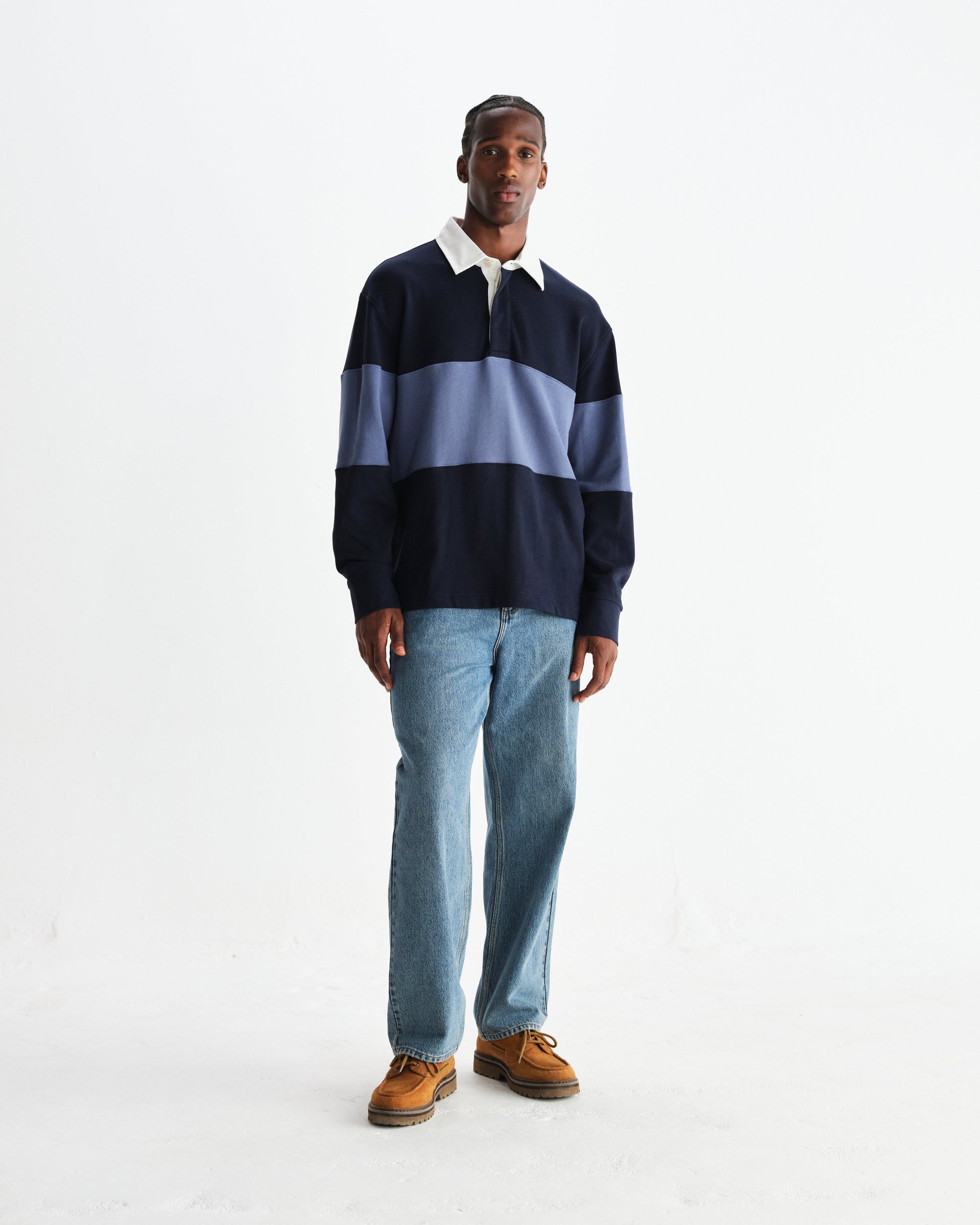 wax london men's Rowhill - Navy And Blue Panelled Loopback Rugby Shirt