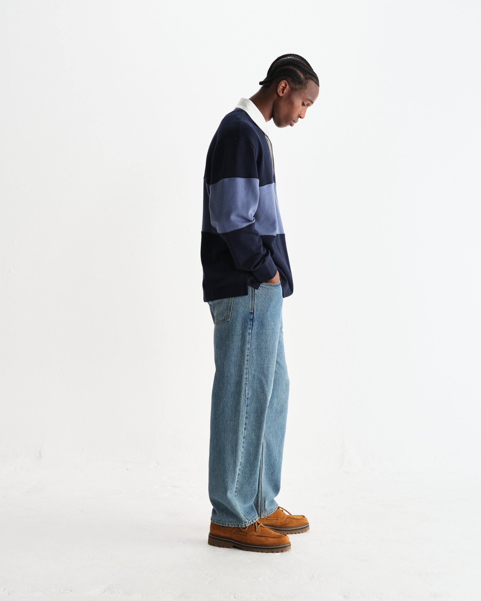 wax london men's Rowhill - Navy And Blue Panelled Loopback Rugby Shirt