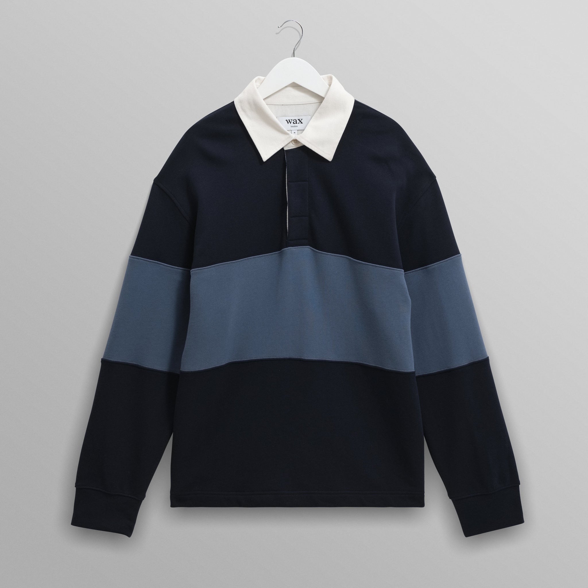 wax london men's Rowhill - Navy And Blue Panelled Loopback Rugby Shirt