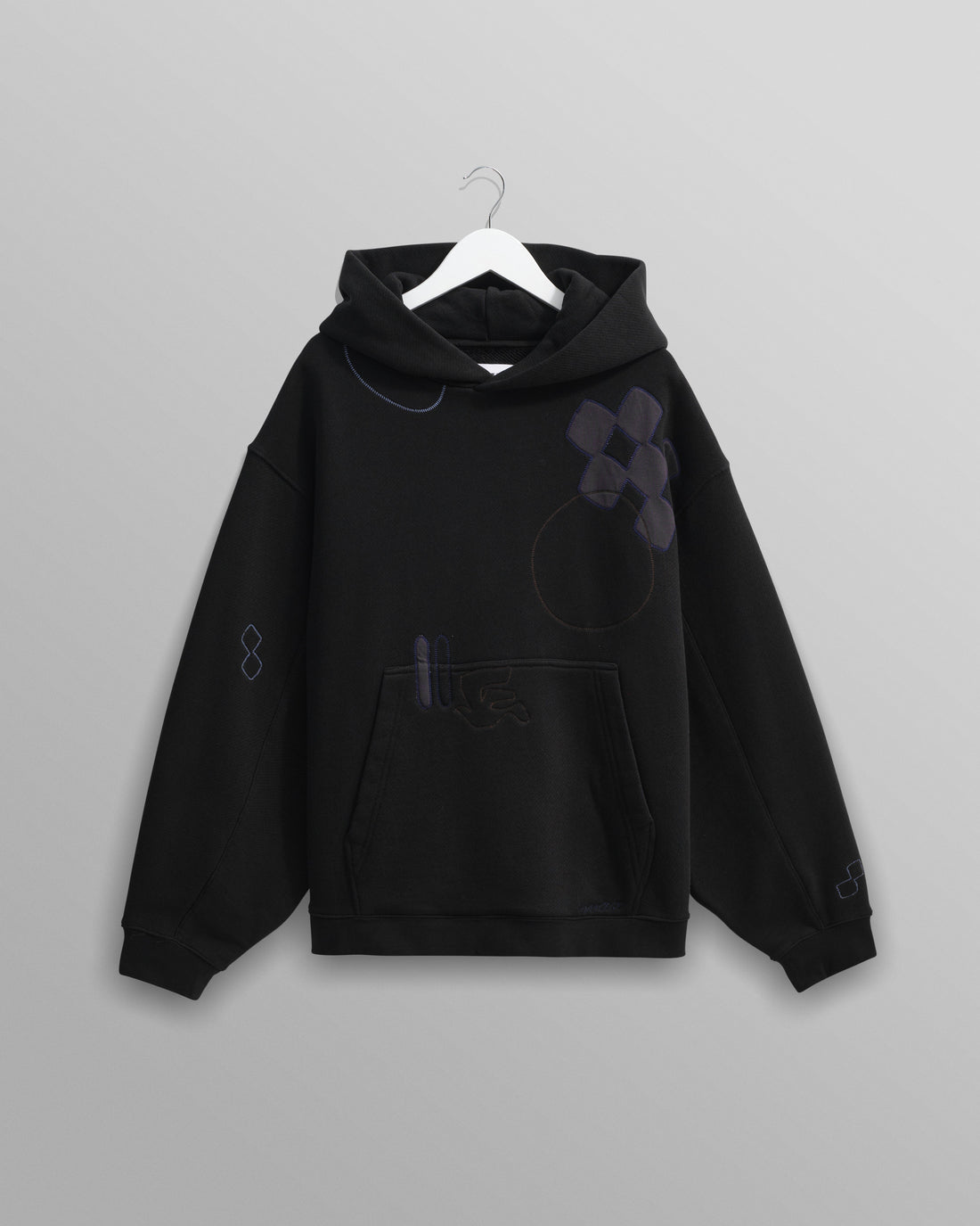 wax london men's Rydal - Black Doodle Embroidered Loopback Cotton Hoodie