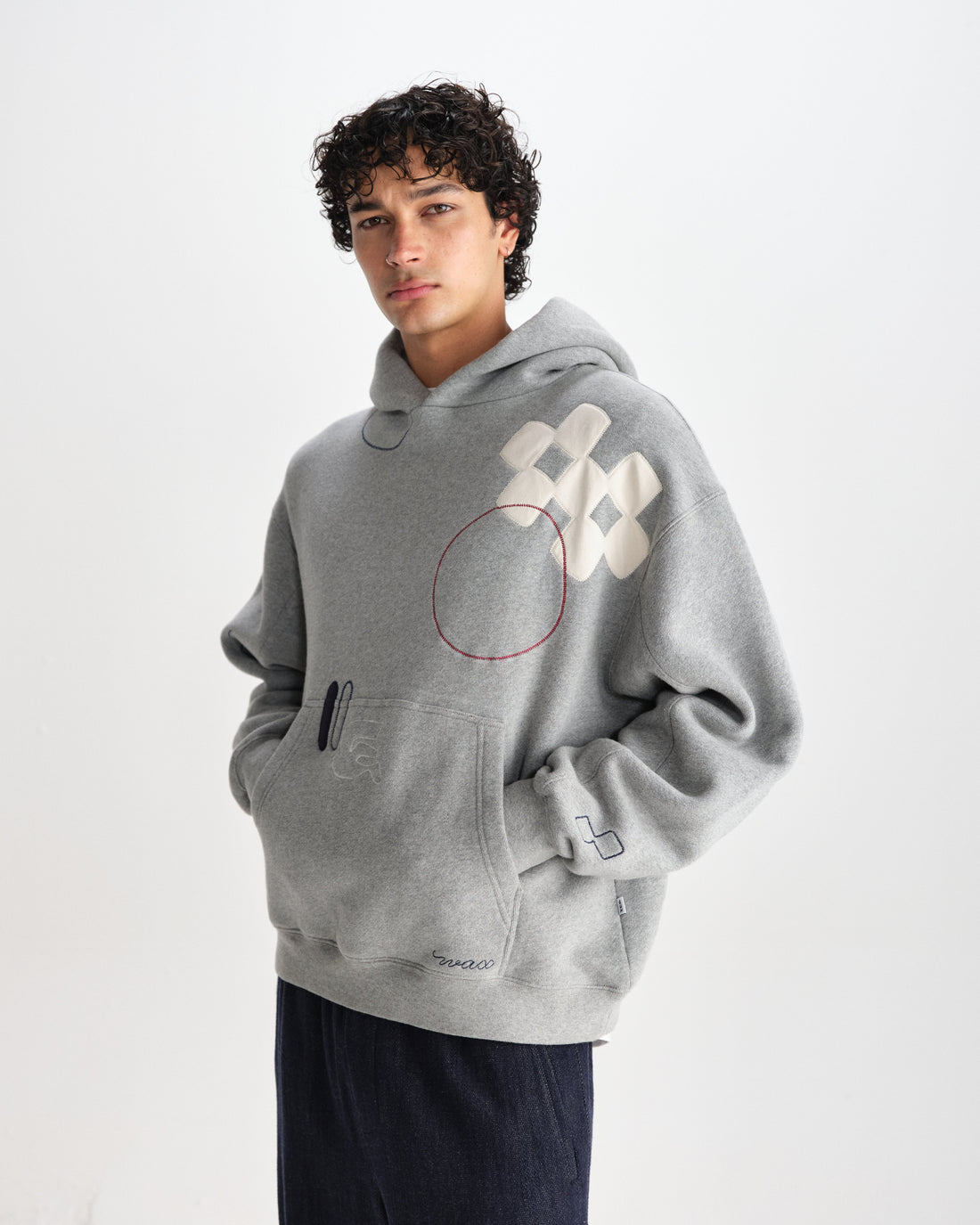 wax london men's Rydal - Grey Doodle Embroidered Loopback Cotton Hoodie