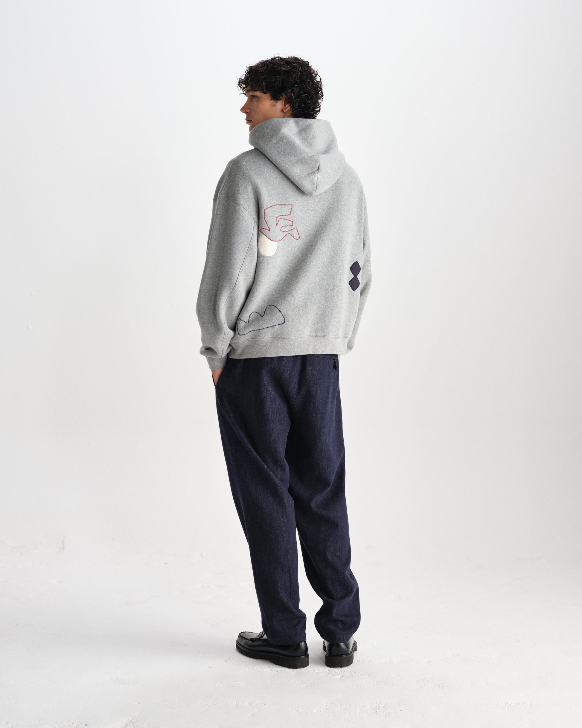 wax london men's Rydal - Grey Doodle Embroidered Loopback Cotton Hoodie