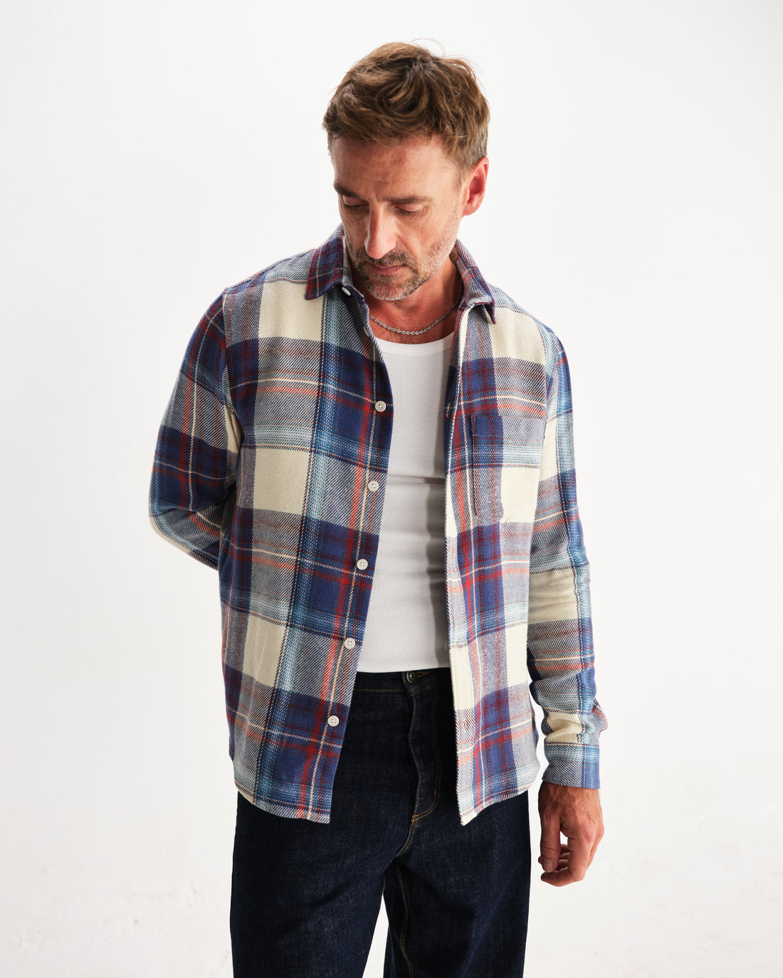 wax london men's Shelly - Blue And Multicolour Check Flannel Shirt