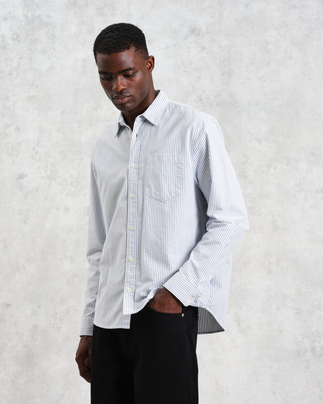 wax london men's Shelly - Blue Brushed Oxford Stripe Shirt