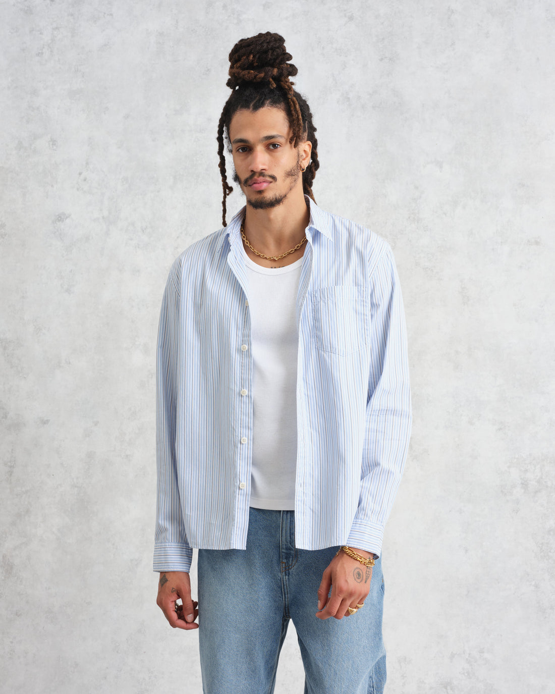 wax london men's Shelly - Blue Organic Cotton Stripe Shirt