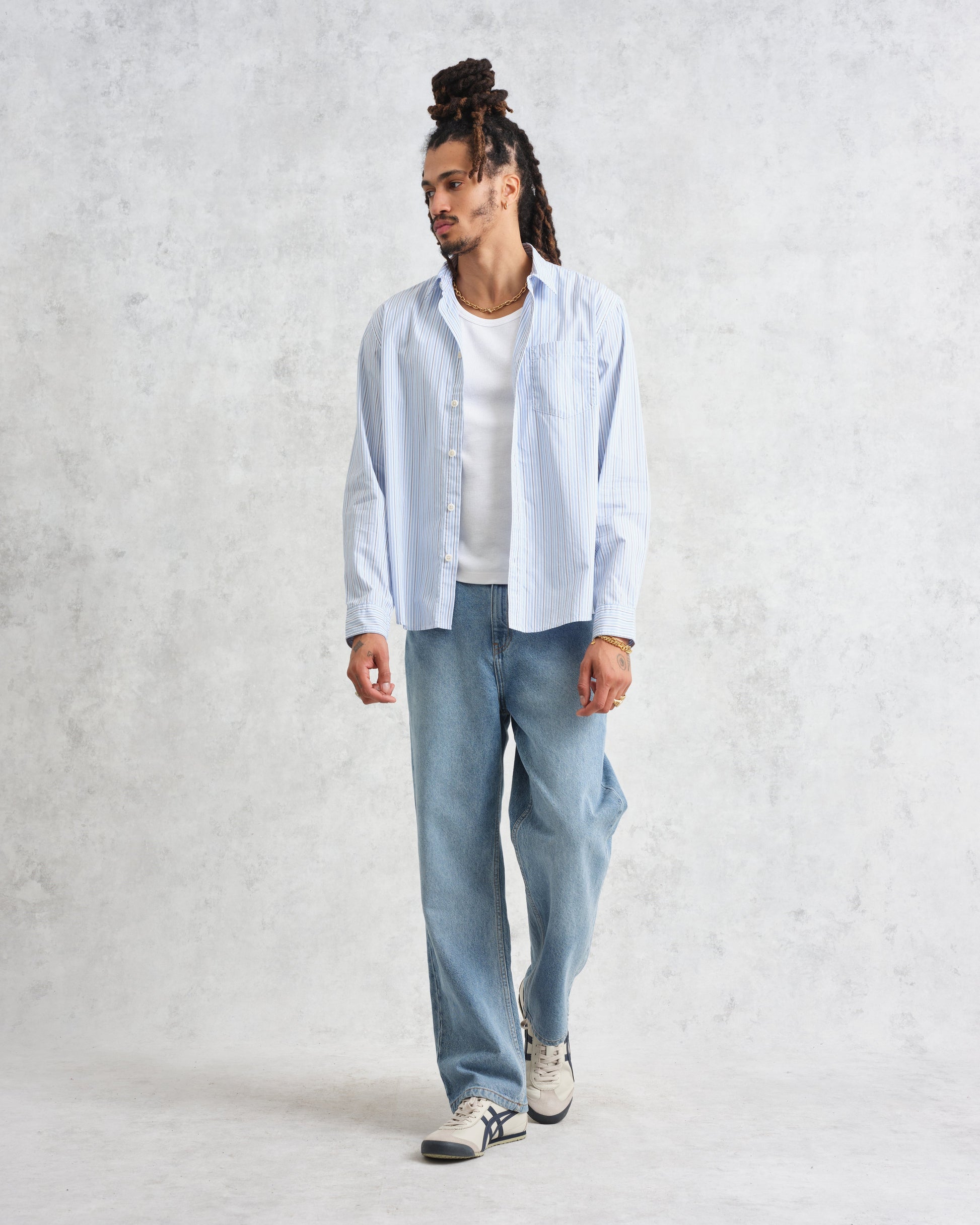 wax london men's Shelly - Blue Organic Cotton Stripe Shirt