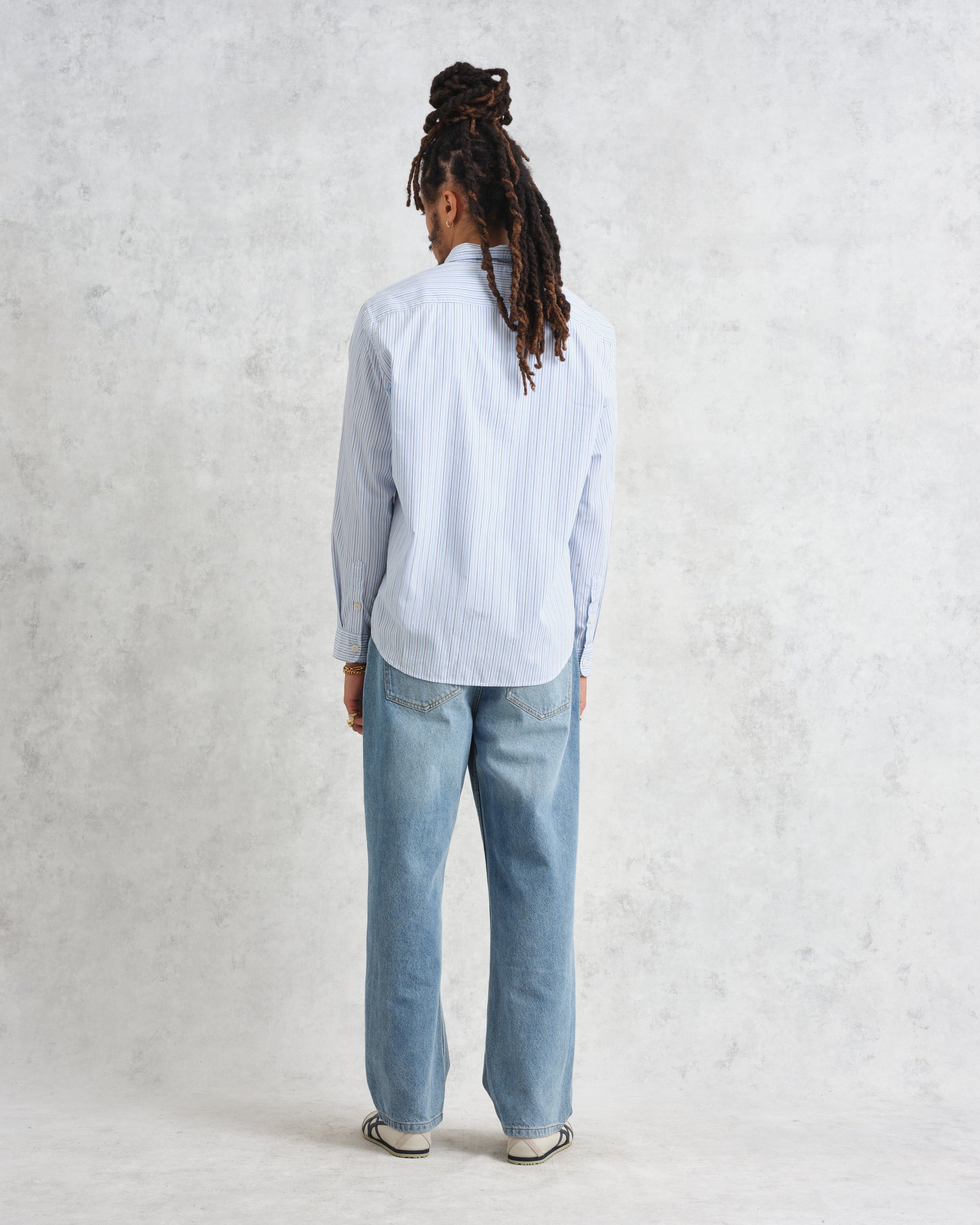 wax london men's Shelly - Blue Organic Cotton Stripe Shirt