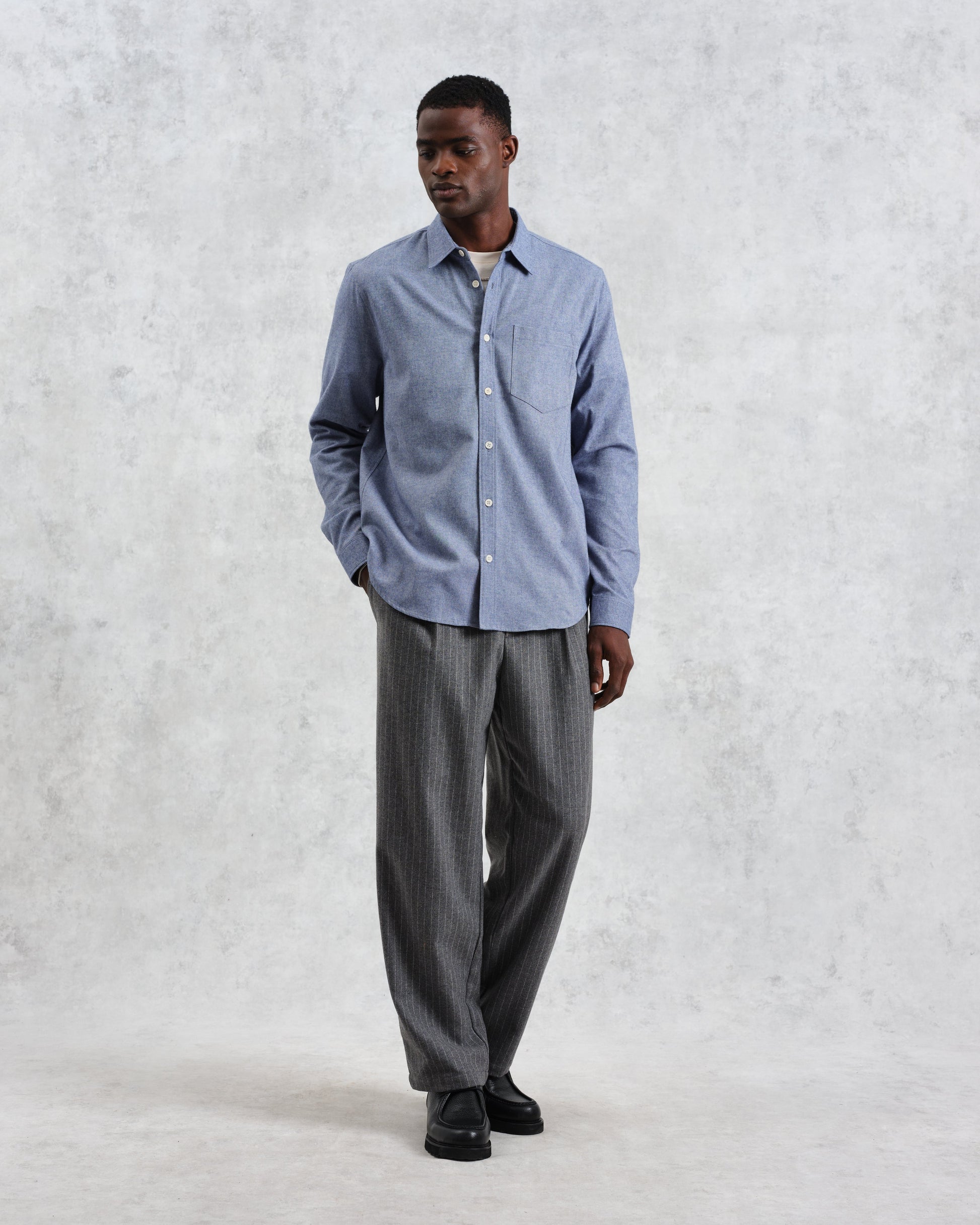 wax london men's Shelly - Blue Plain Flannel Shirt