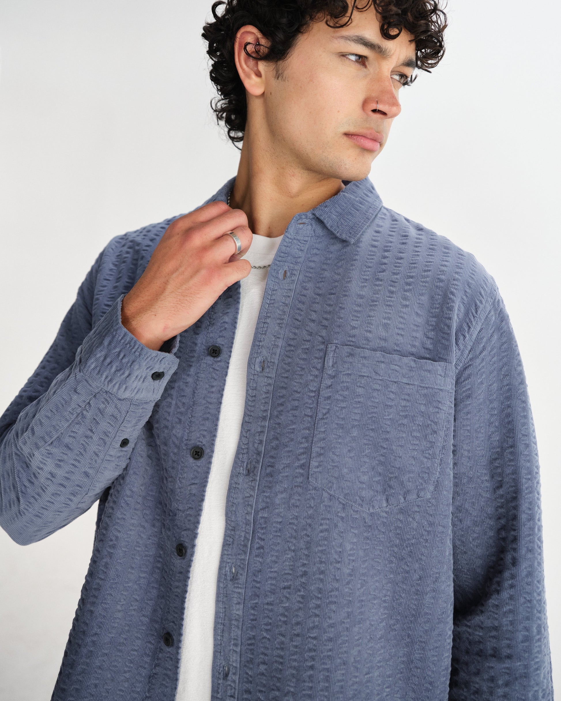 wax london men's Shelly - Blue Seersucker Corduroy Shirt