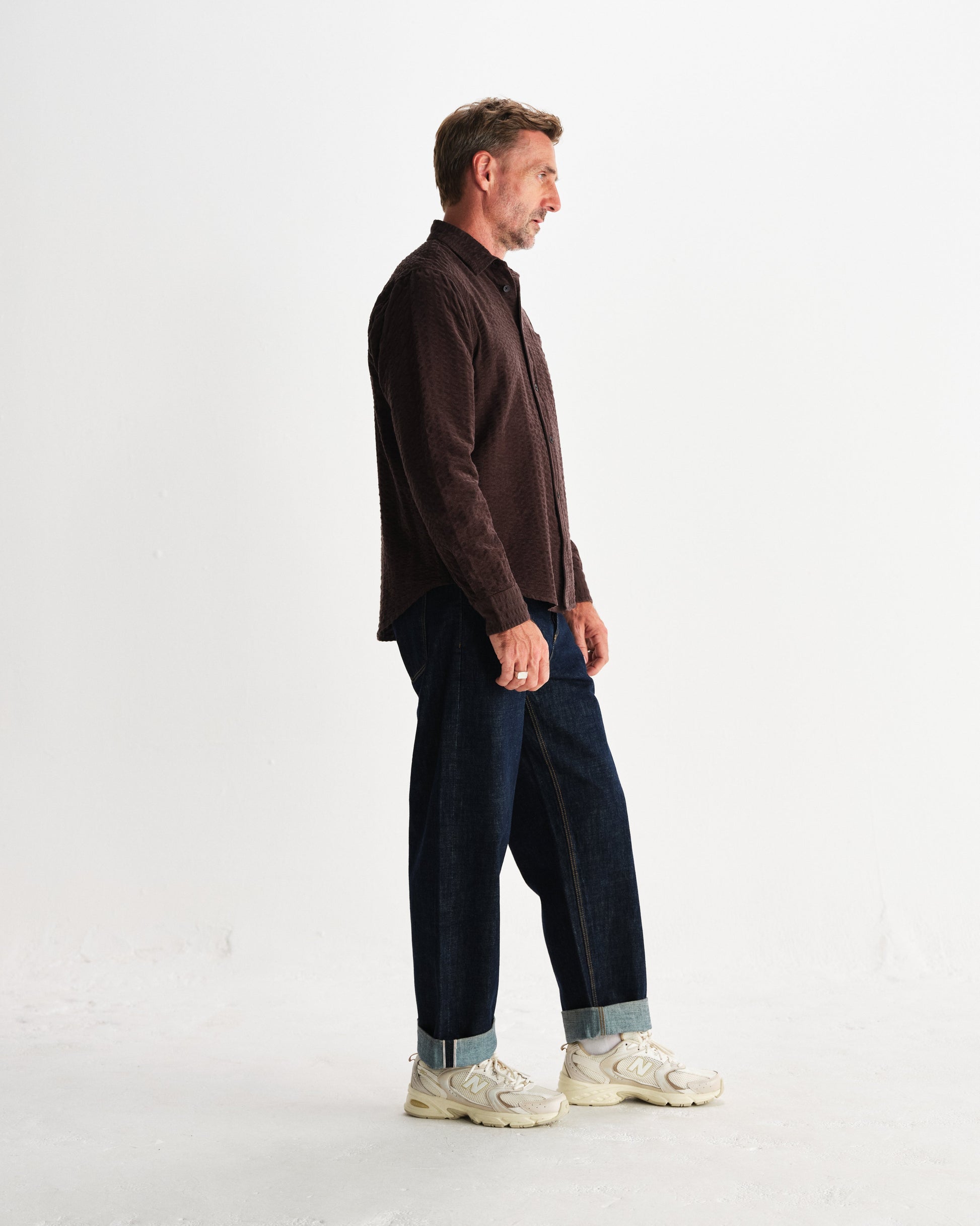 wax london men's Shelly - Dark Brown Seersucker Corduroy Shirt