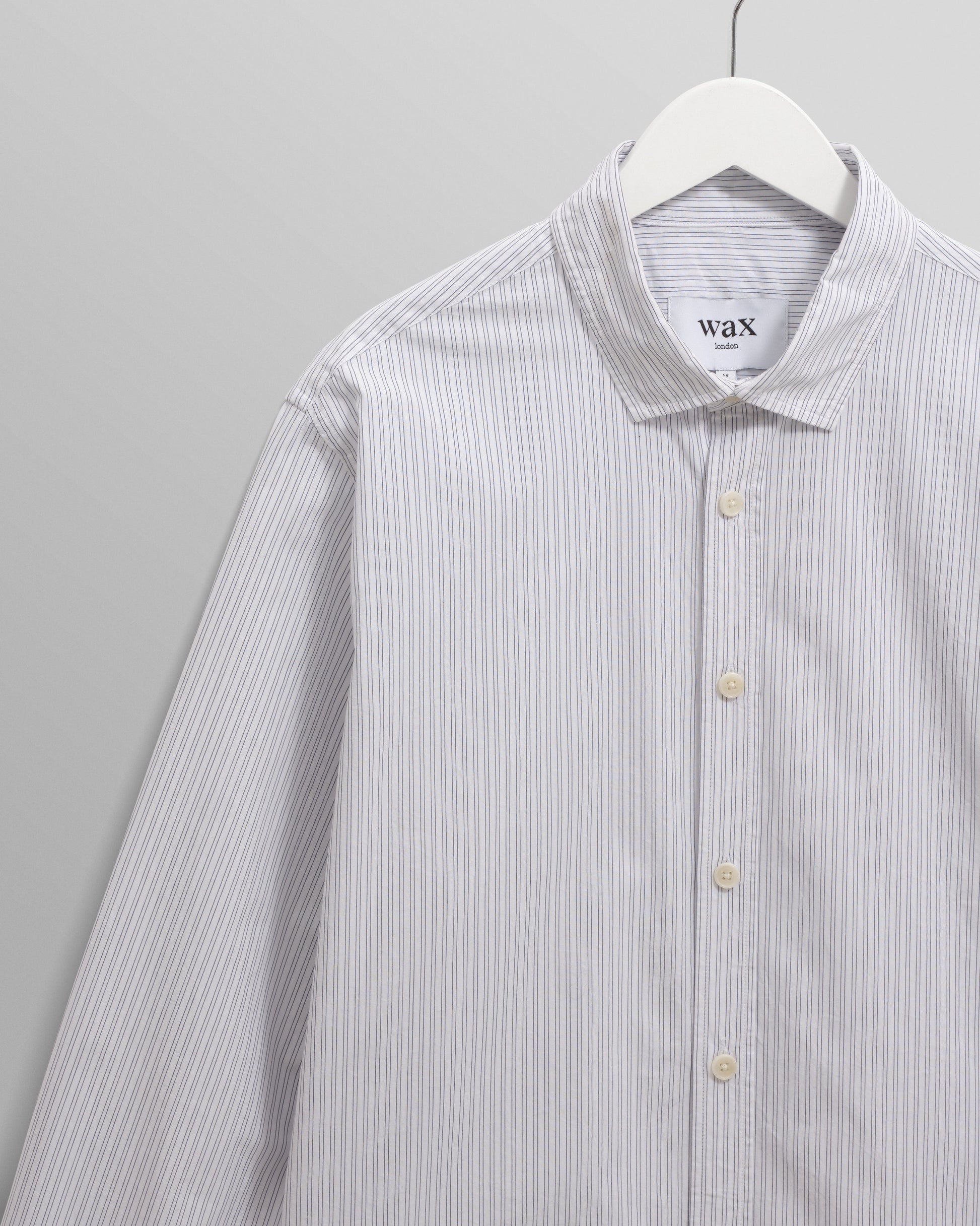 wax london men's Shelly - Ecru And Blue Fine Stripe Poplin Shirt