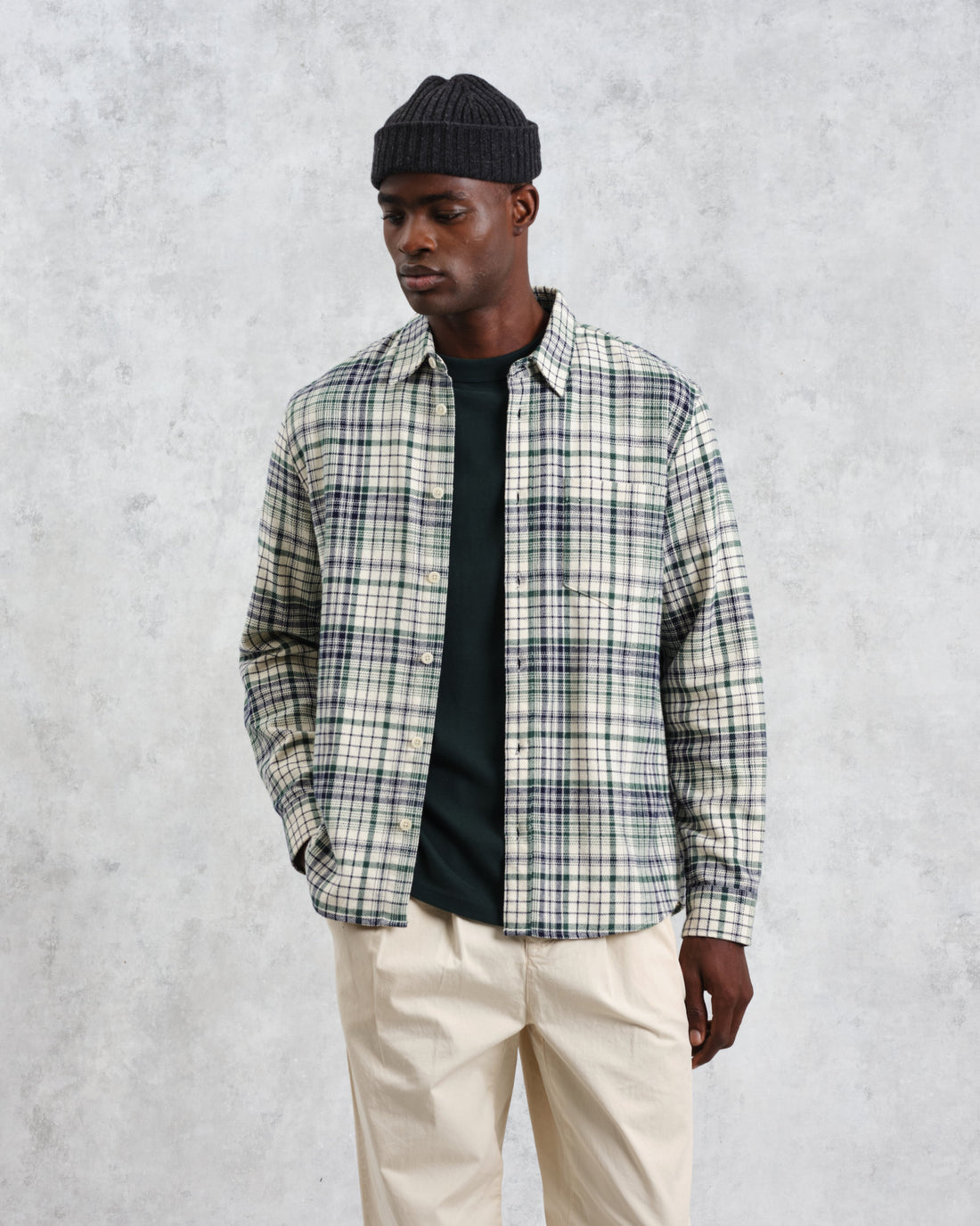 wax london men's Shelly - Navy And Green Check Flannel Shirt