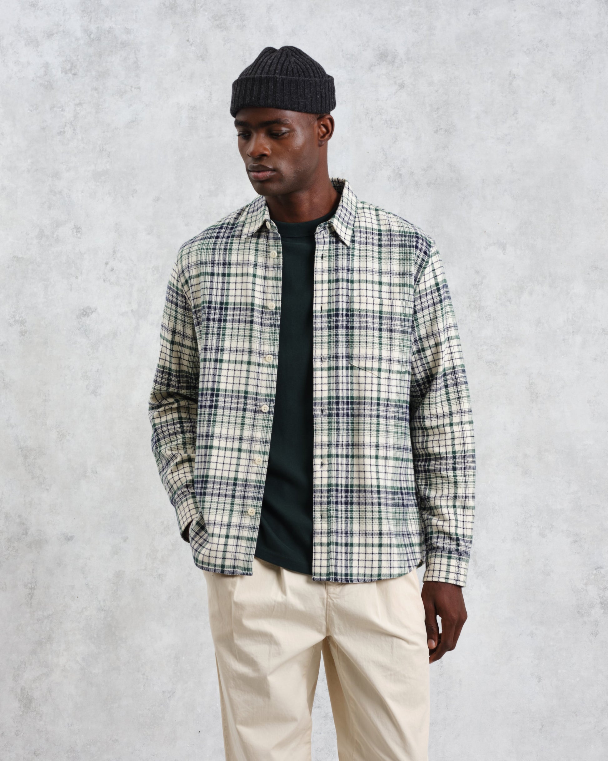 wax london men's Shelly - Navy And Green Check Flannel Shirt